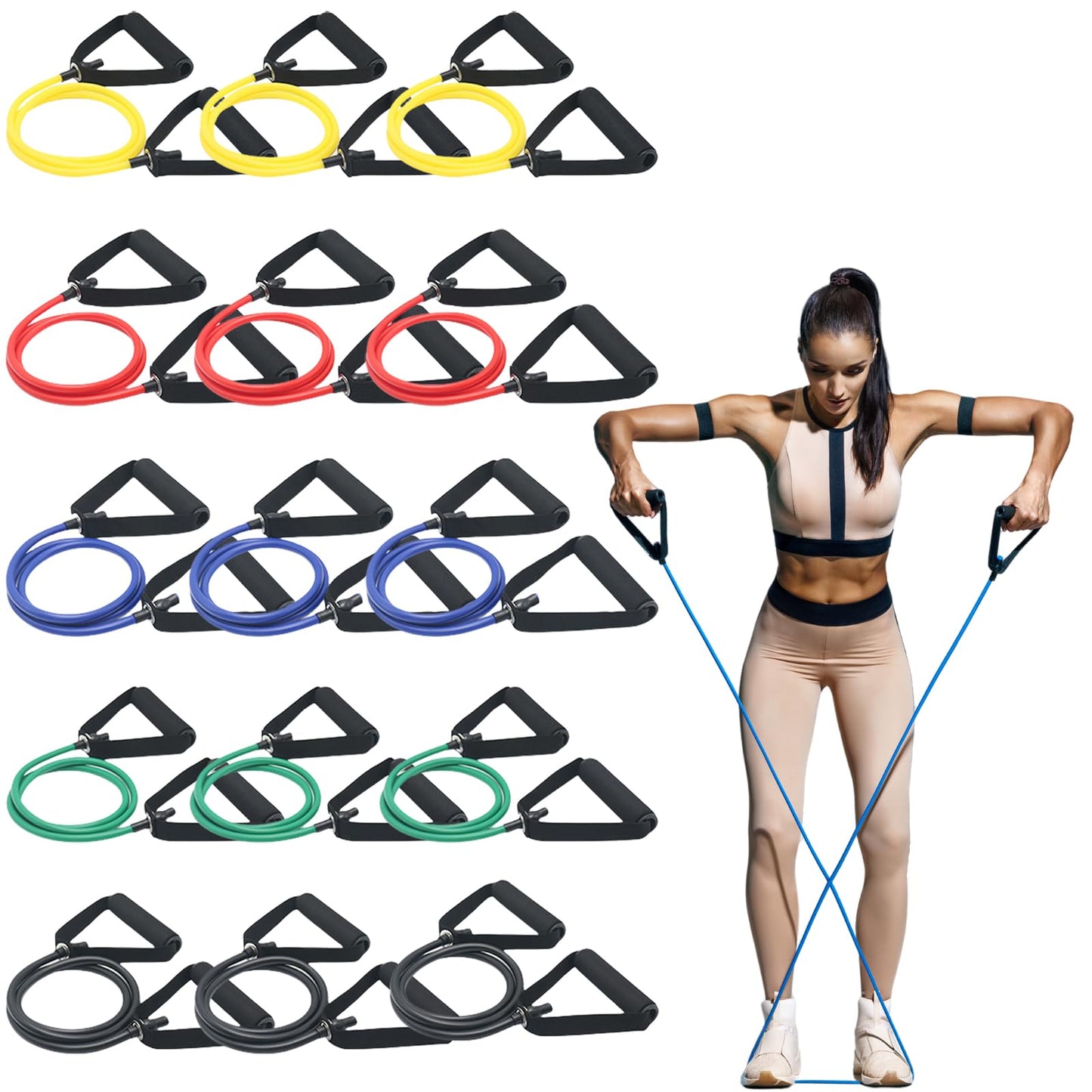 15 Pcs Resistance Bands with Handles for Home Workouts, Exercise Bands Set for Physical Therapy, Strength Training & Fitness for Women and Men