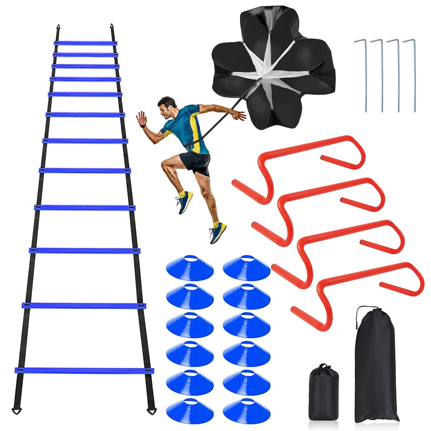 Speed & Agility Ladder Training Equipment Set, Includes 12 Rung 20ft Agility Ladder, 4 Agility Hurdles,12 Disc Cones, 1 Resistance Parachute for Training Football Soccer Basketball Athletes-Blue