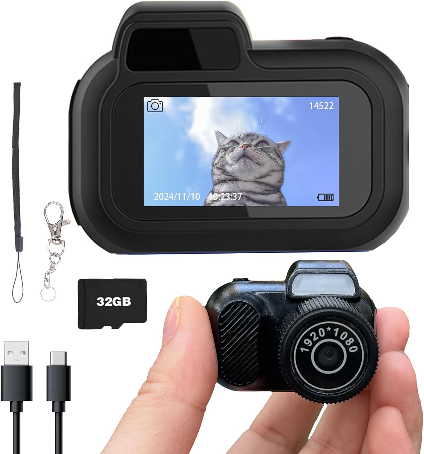 Sniegauu 32GB 1080P 6 Filters,0.96'' Mini Keychain Camera, Retro Micro with Card, Retro Snap Digital Camera HD Tiny