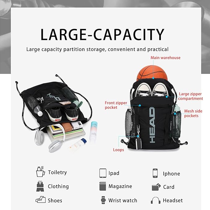 HEAD Waterproof Gym Sackpack for Sport with 2 Zipper Pockets, Large Drawstring Backpacks for Men with Side Pockets for Water Bottle
