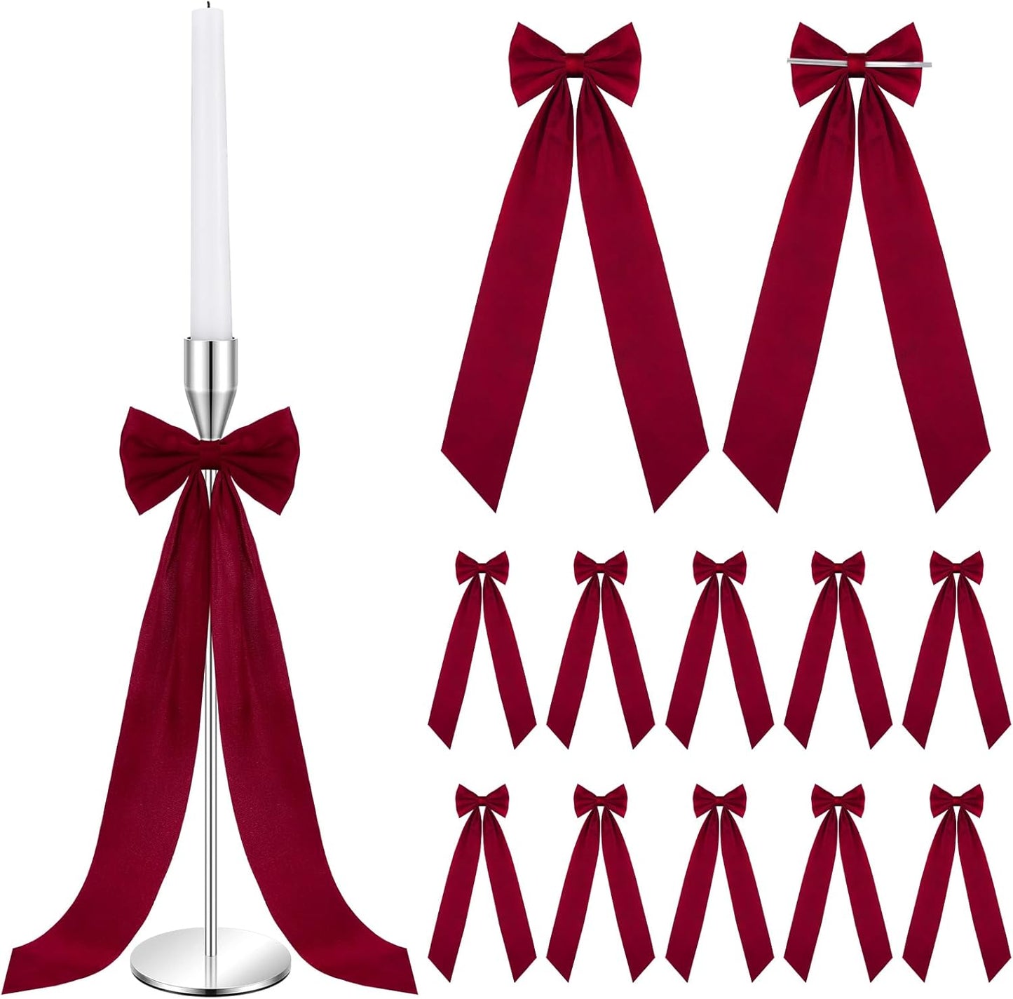 Teenyyou 12 Pcs Red Valentine's Candlestick Bows - 13 Inch Large Self-Adhesive Table Decor for Weddings & Parties