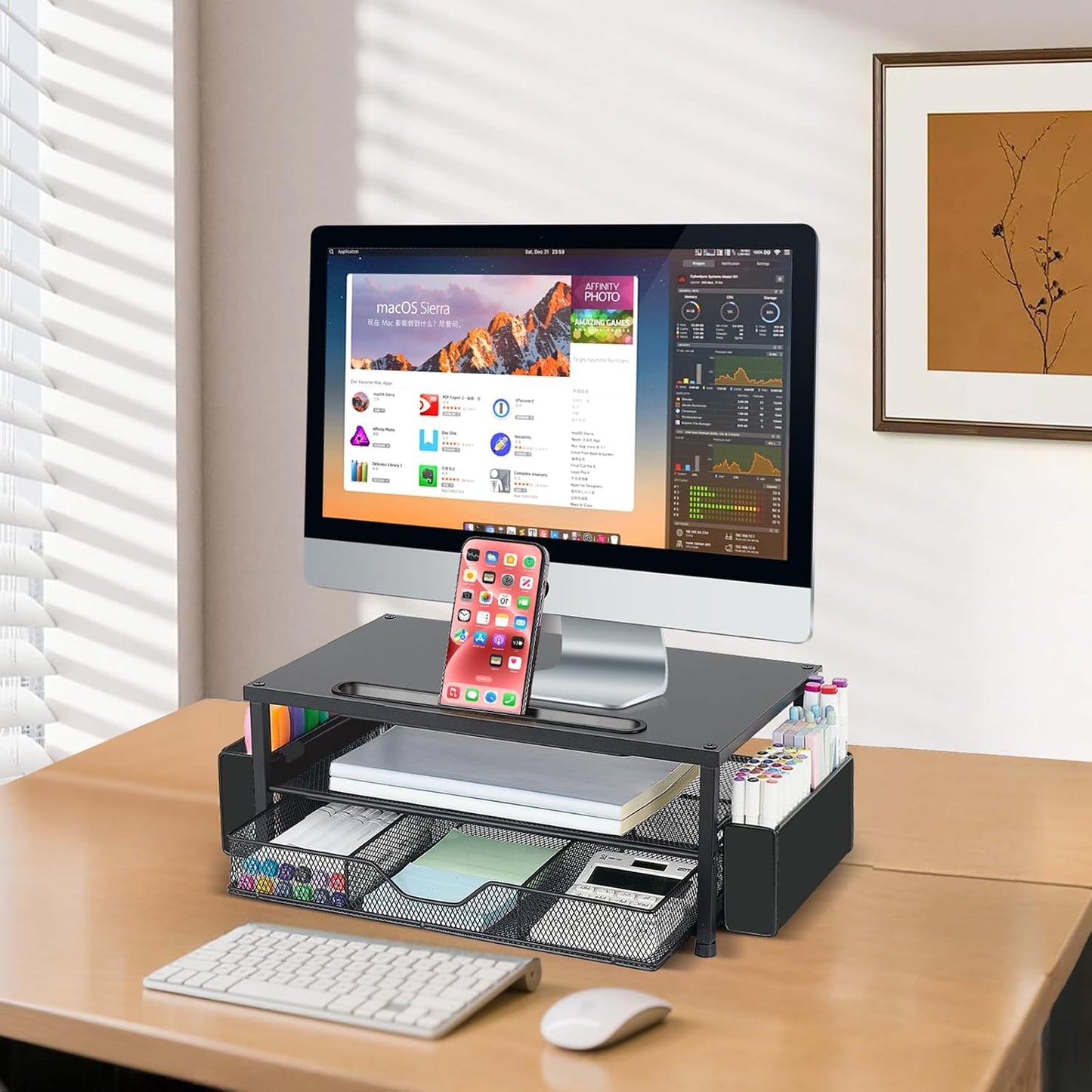 2-Tier AUPSEN Wood Computer Monitor Stand Riser, Black Desk Organizer with Drawer, Pen Storage & Phone Holder Office