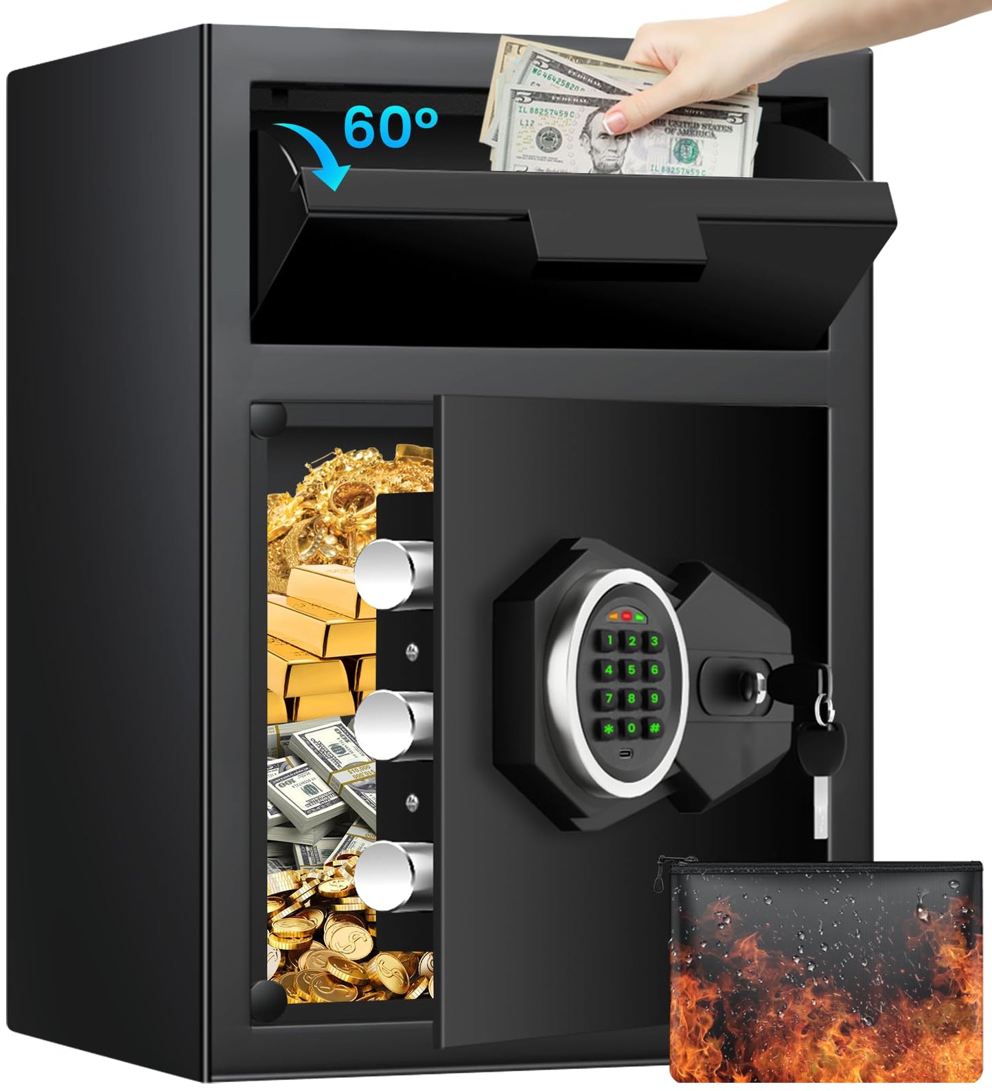 2.6 Cub Drop Safe for Business, Quick Place Safe with Drop Slot, Digital Backlit Combination Lock and Backup Key, Alarm & Mute System, Anti-theft Money Deposit Safes for Cash Slip Business Office Home