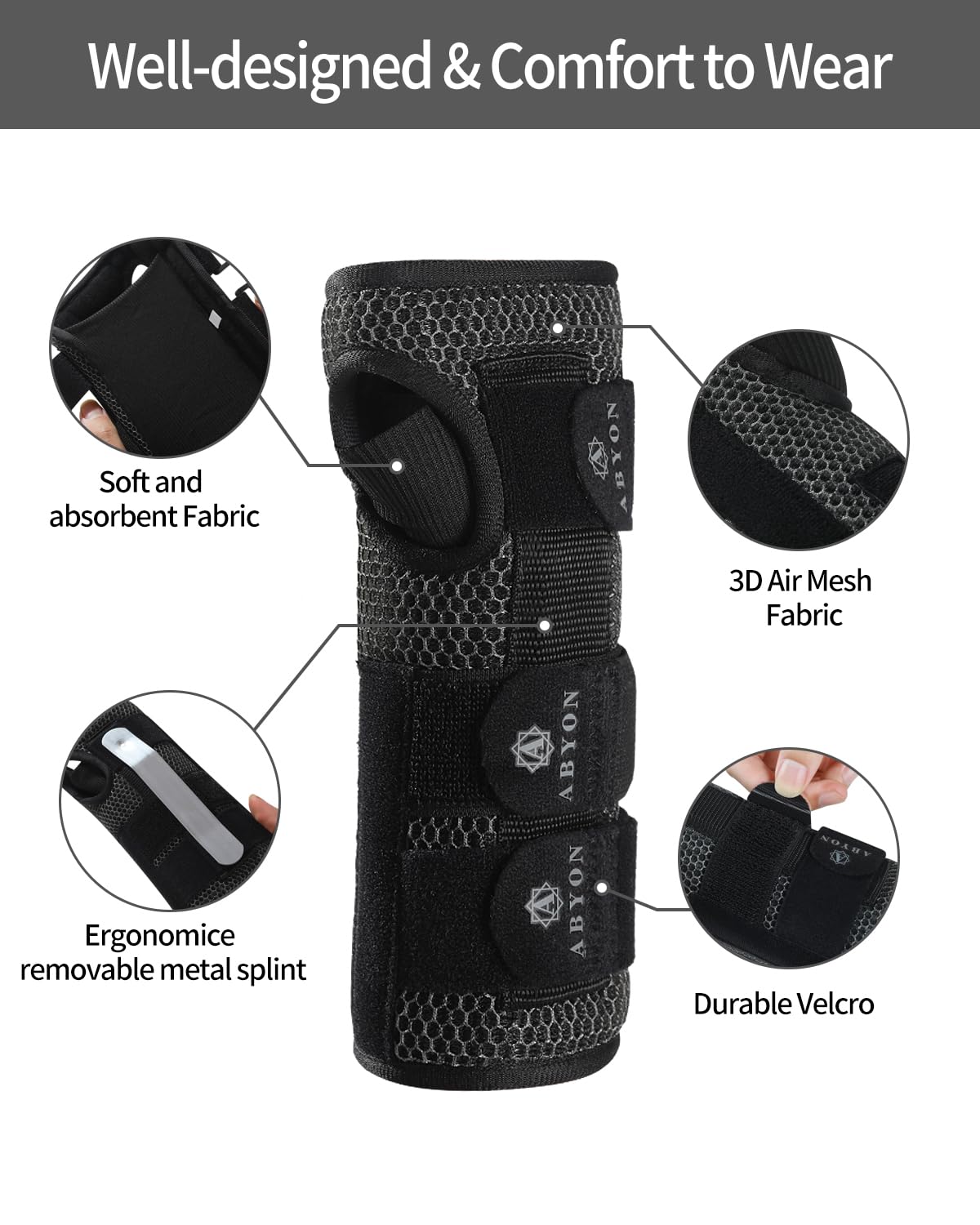 ABYON Carpal Tunnel Wrist Brace Night Support – Wrist Splint for Pain Relief, Tendonitis, Arthritis, Sprains – Lightweight, Breathable Padded Hand Brace for Men & Women, Left Hand (Large,Black/Gray)