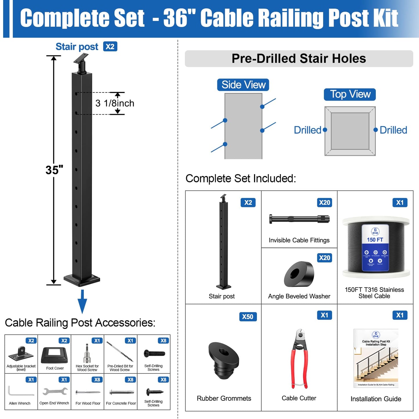 CKE 5-10ft Complete Set 36" Stair Cable Railing Post Kit (35"x2"x2") for 25°-35° Stair, 2 Pack Stair Cable Posts, 150ft 1/8" Wire Rope, Black Swageless Invisible Cable Railing System DIY Kit SPS01
