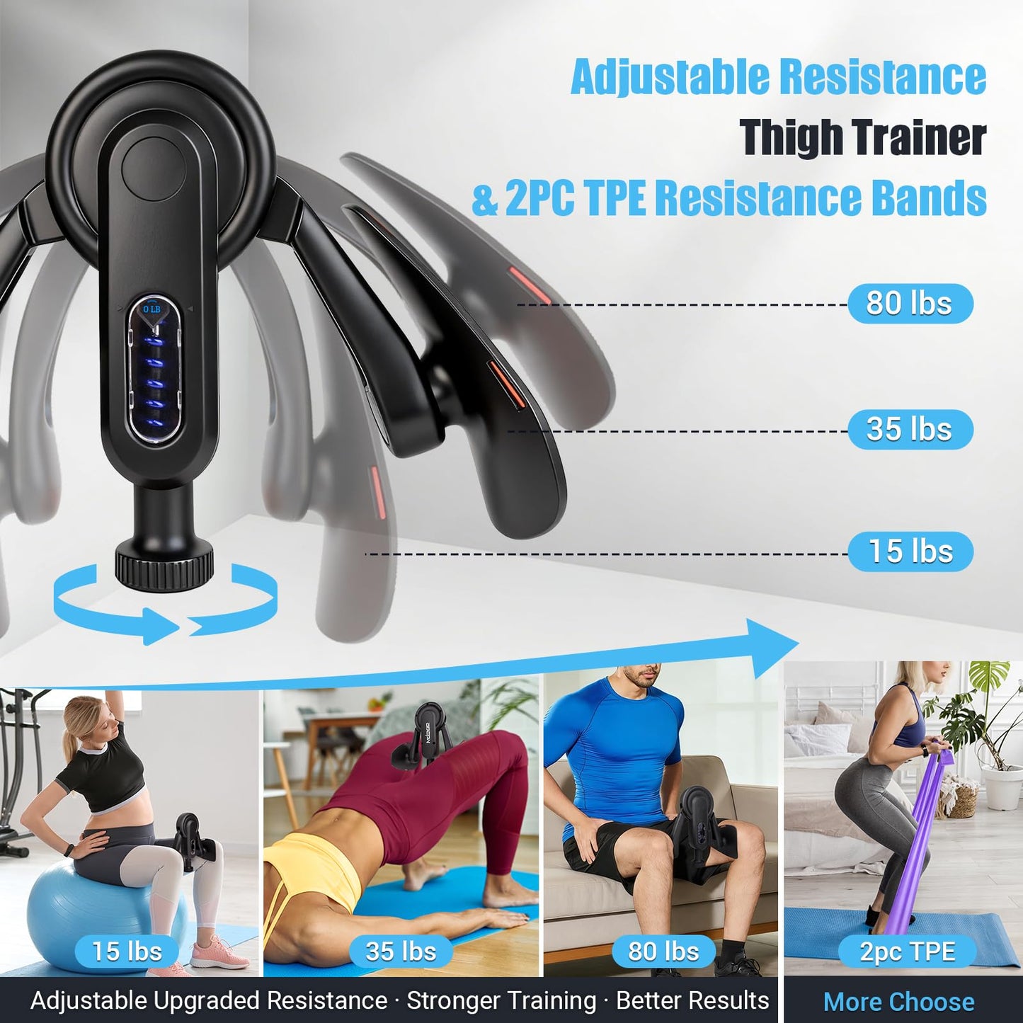 Inner Thigh Exerciser for Women, 15-80 LB Adjustable Resistance Thigh Trainer with Resistance Band(2PC), Thigh Workout Kegel Equipment for Pelvic Floor Muscle, Shaping, Yoga & Home Fitness