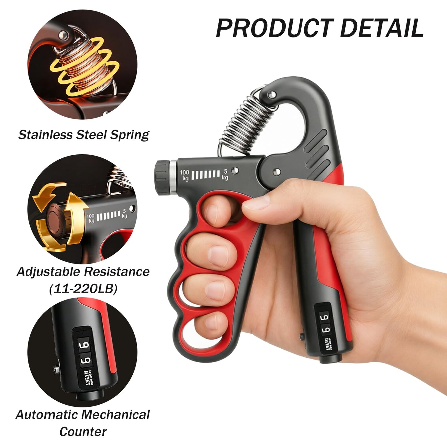 Grip Strength Trainer,11-220LBs Adjustable Resistance Grip Strength Trainer with Counter,Ergonomic Design, Forearm Strengthener for Injury Recovery and Muscle Building