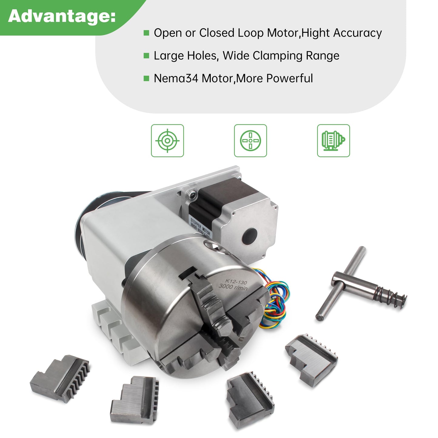 RATTMMOTOR K12-130mm CNC Router Table Rotary Milling Machine Rotational Axis A 4th Axis Through Hole 30MM, 4 Jaw Chuck Dividing Head Reducing Ratio 4:1, Nema34 Stepper Motor