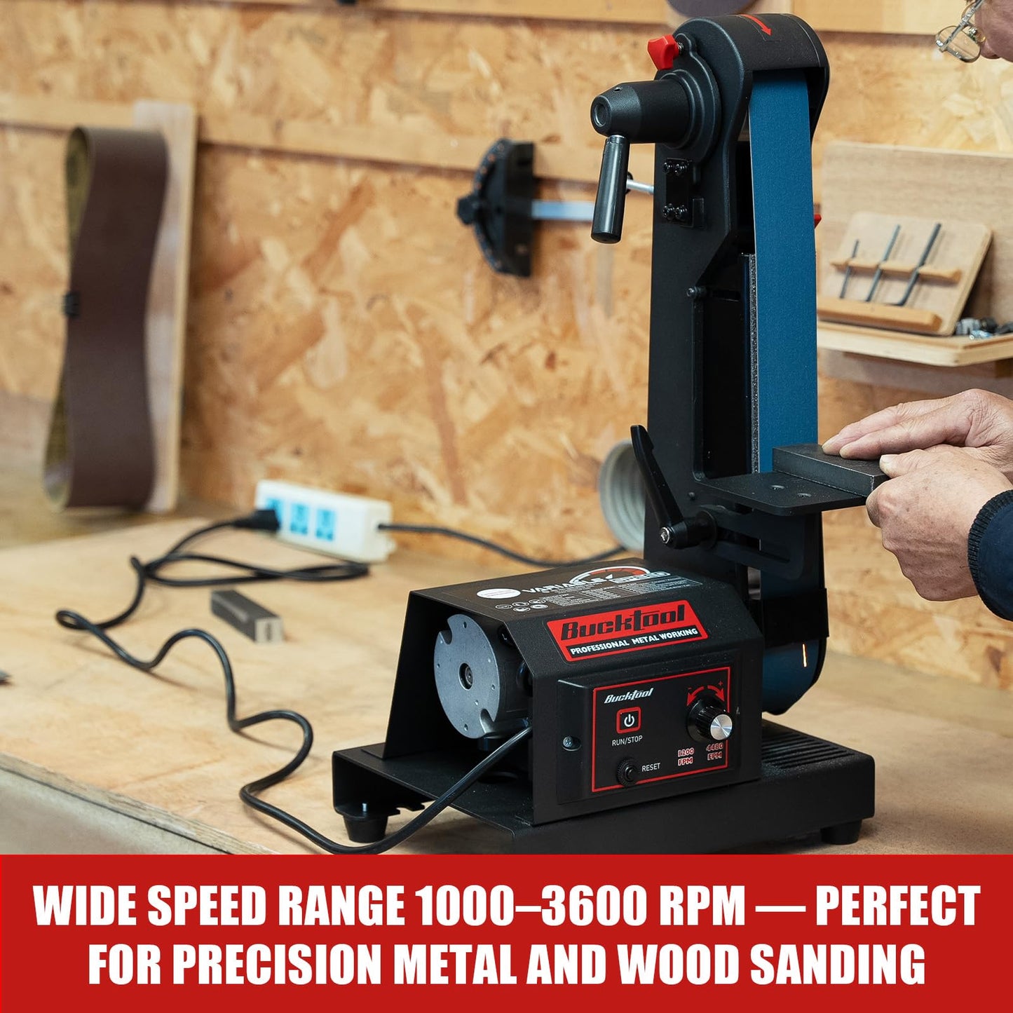 Bucktool Variable Speed 2×42 Inch Belt Sander 3.5A DC Motor with Control Panel, Quick Belt Release, Adjustable Foot, Horizontal or Wall-Mountable Bench Machine for Knife Making and Metalworking