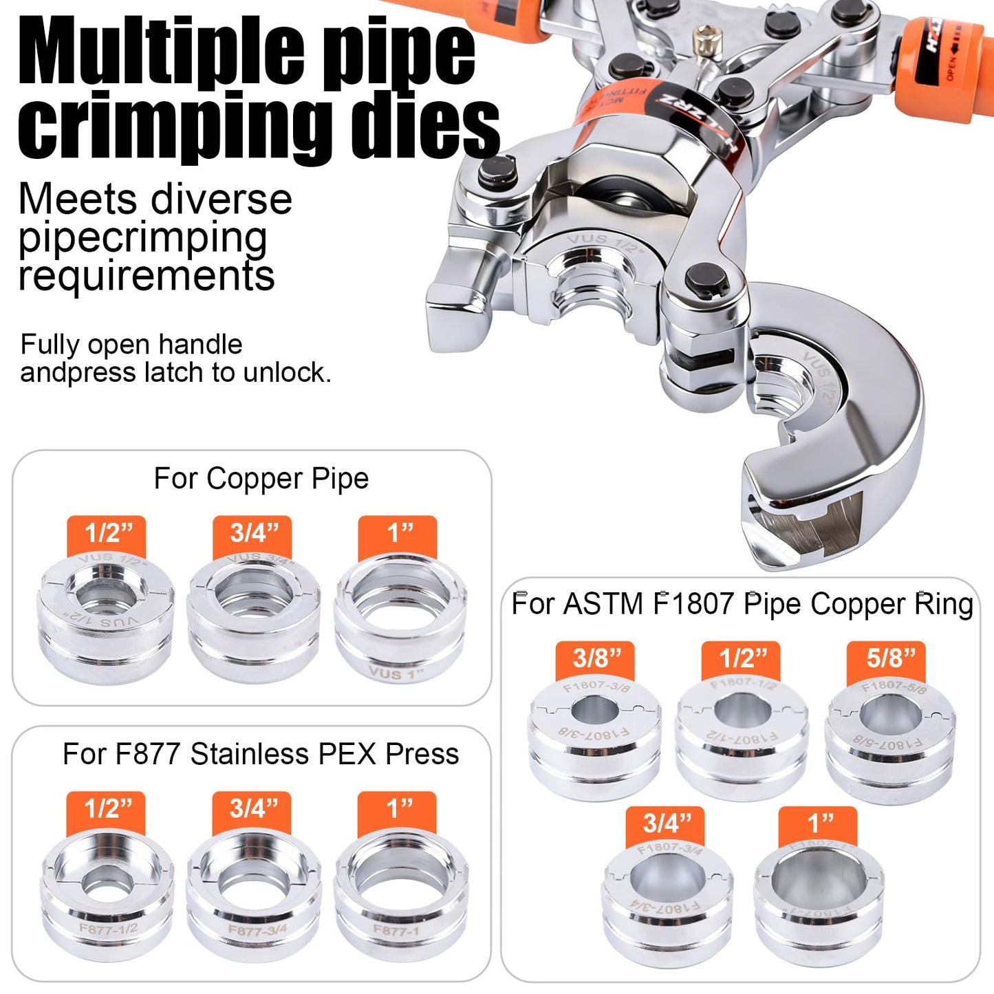 HZLZRZ Professional Universal Pipe Crimping Tool Kit, 6 Dies for Copper 1/2" 3/4" 1" and F877 PEX, with 3/8",1/2",5/8",3/4",1" ASTM F1807 PEX Rings and Pipe Cutter, Pro Press Crimper (MCT-1632C)