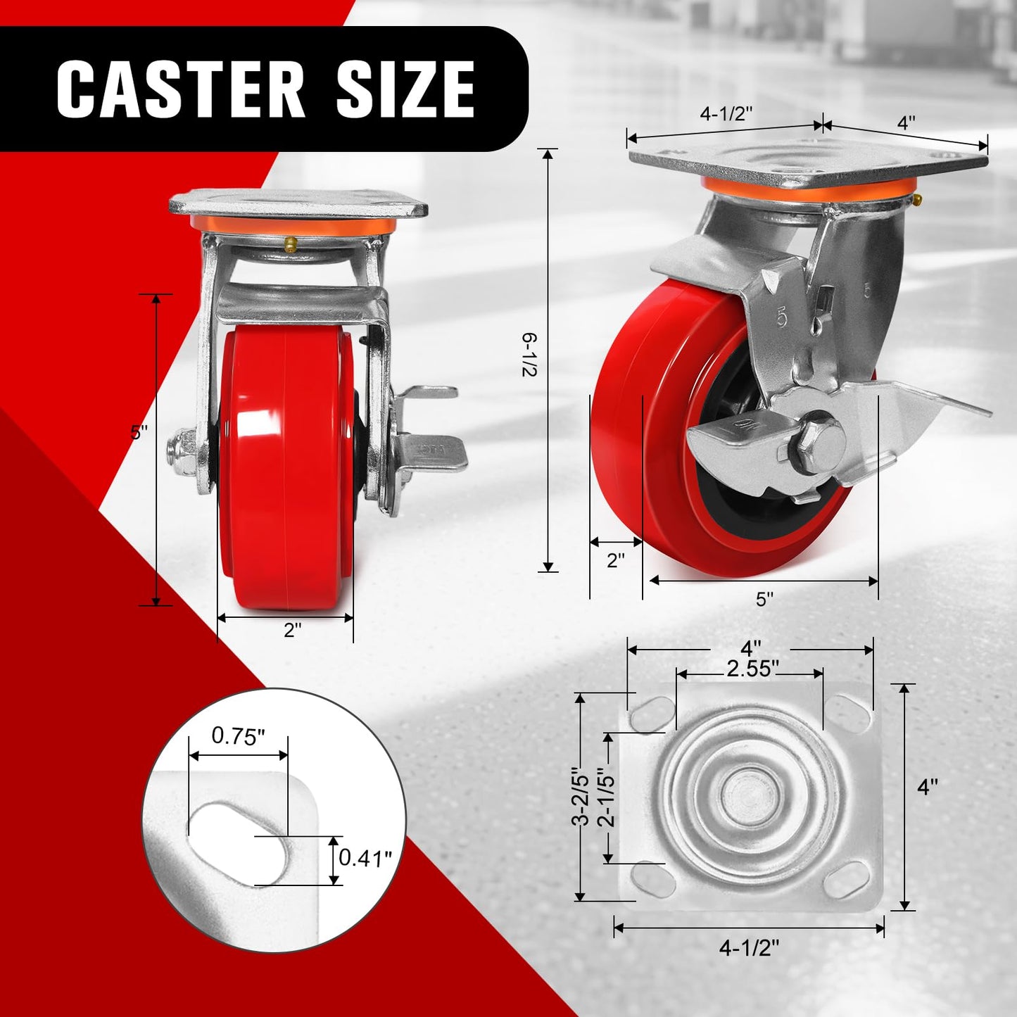5"x2" Polyurethane Wheels- Heavy Duty Casters Set of 4, Industrial Grade Polyurethane Casters 4000 lbs Load Capacity. Use for Workbench, Industrial Equipment (2 Brake & 2 Rigid)