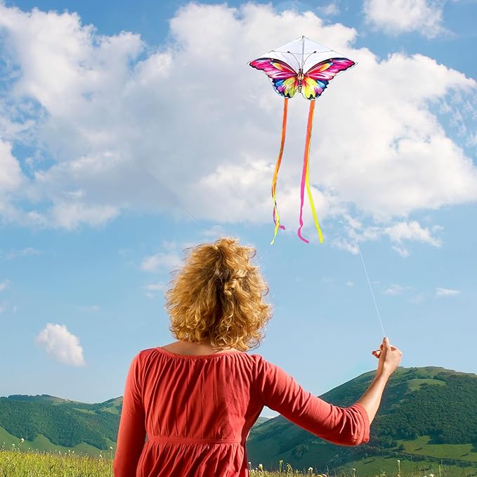 Simxkai Butterfly Kite for Kids & Adults, Easy to Fly Blue Big Kite for Beginners, Line Handle Included (1Pack 2Pack)