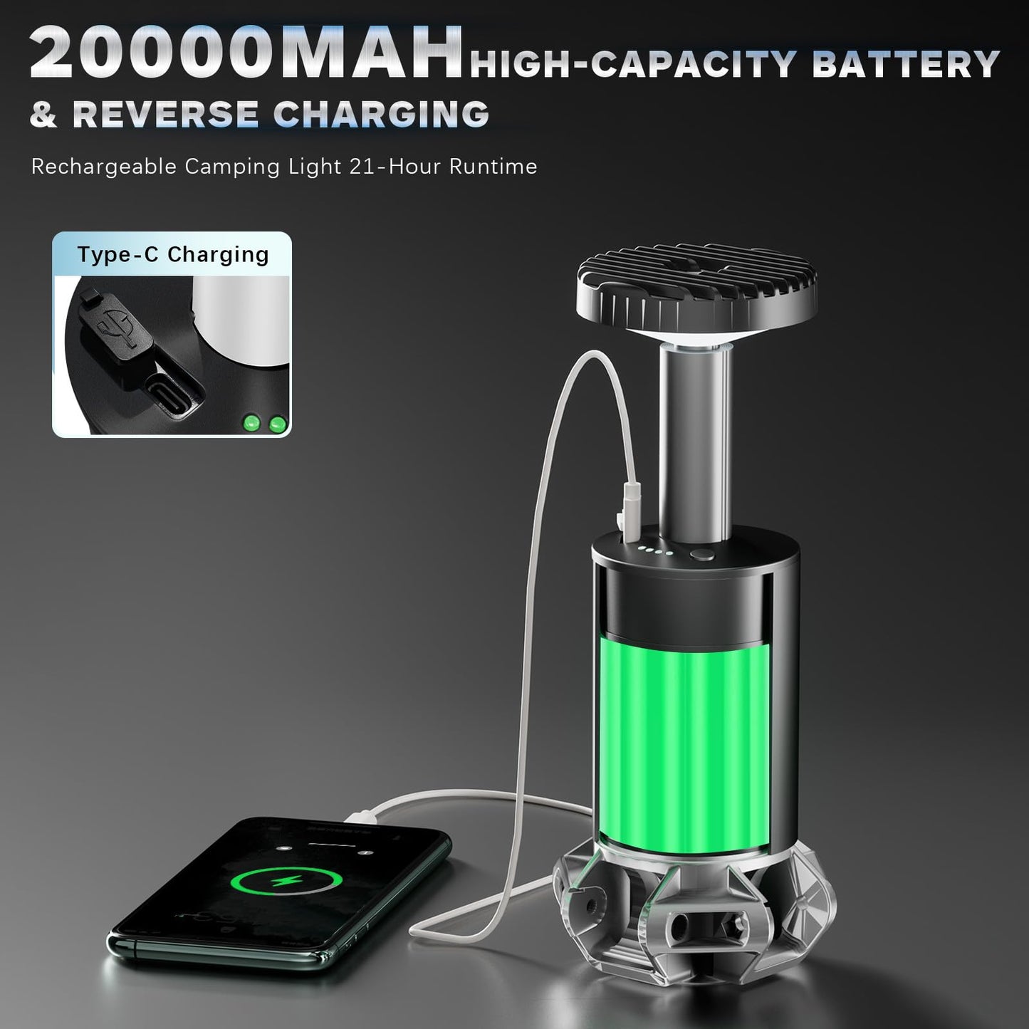 NJZ Rechargeable Camping Light, 20000mAh Telescopic Lantern with Stand, Waterproof Outdoor Light with 3 Brightness Levels for Camping, RV & Emergency
