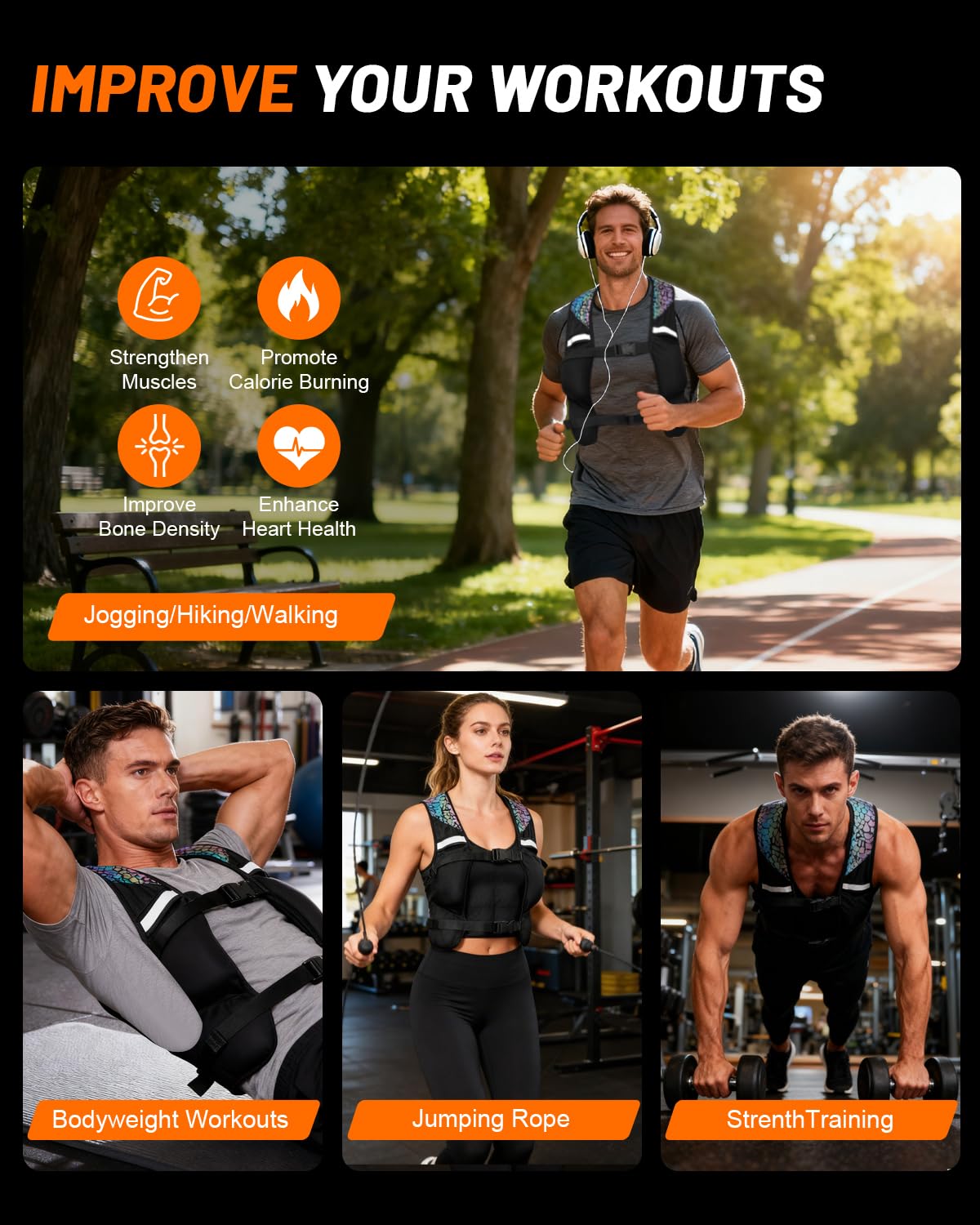 Weighted Vest for Woman Men, 0-10lbs Adjustable Running Vest with 10 Removable Weights, Weight Training Vest for Weight Loss, Colorful Reflective Straps & Phone Pockets, Machine Washable