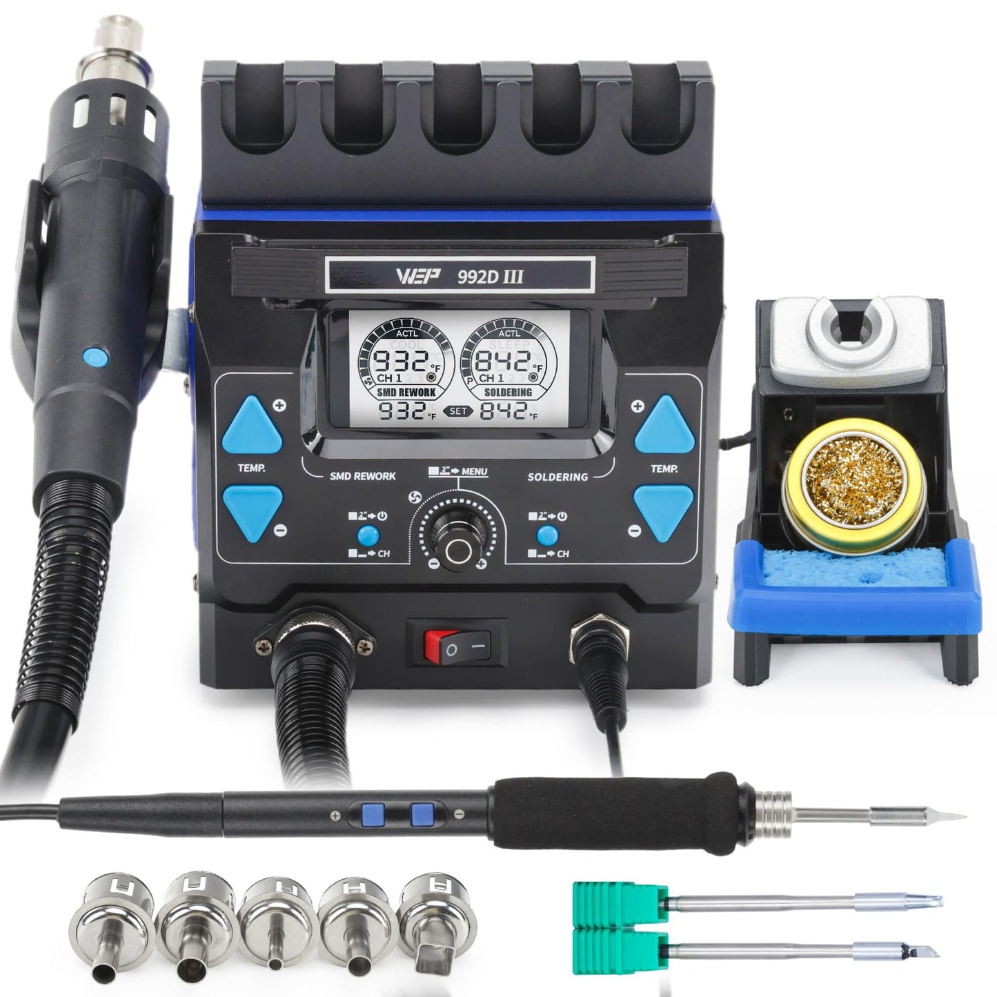 WEP 992D-III 2-in-1 Soldering Station and Hot Air Rework Station - High-Power Soldering Iron Kit with C245-compatible Cartridge, 1000W Hot Air BGA Rework Station for SMD, IC Repair