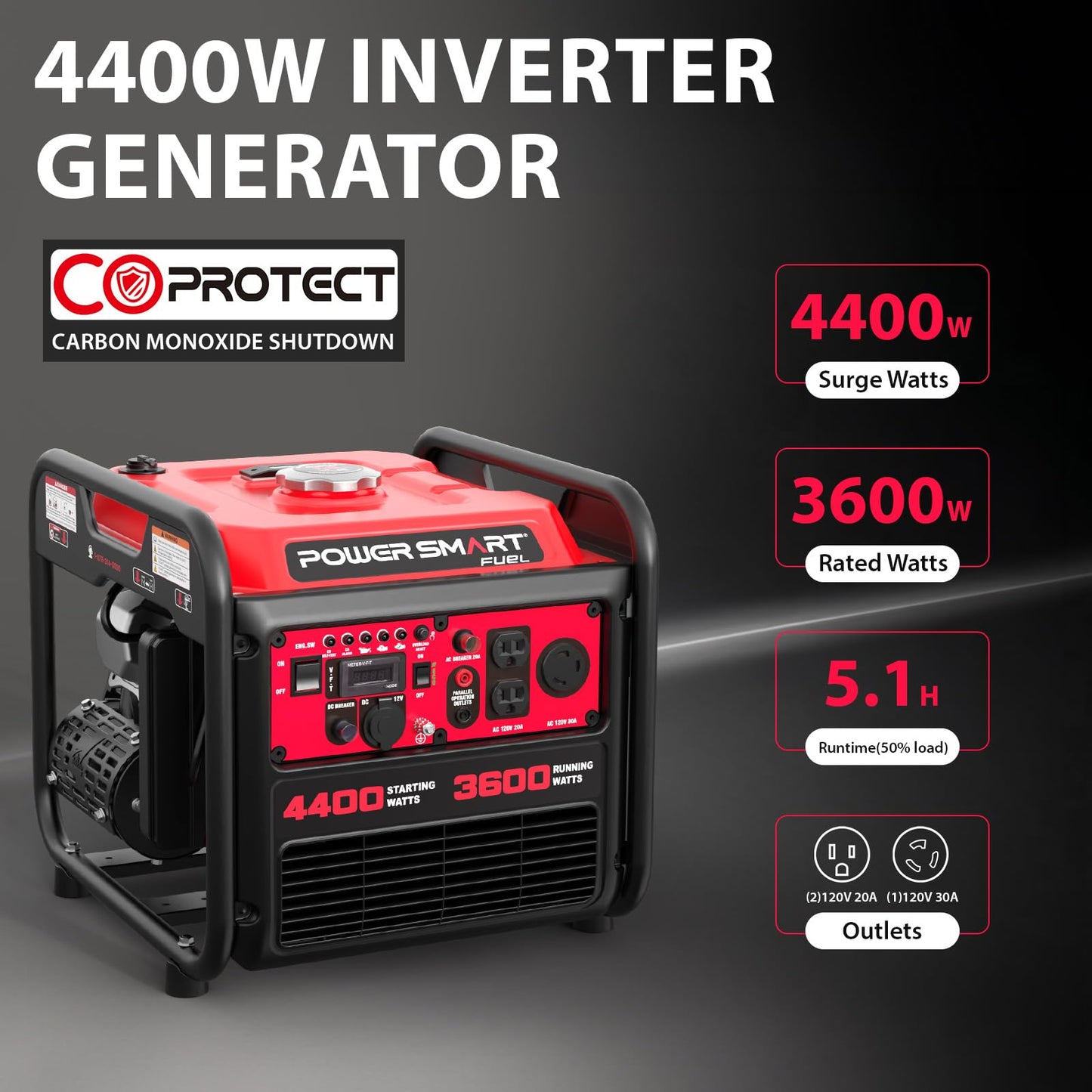 PowerSmart 4400W Open Frame Inverter Generator, Gas Powered, CO-Sensor, Lightweight & Quiet for Home Use and Emergency Backup, Camping, EPA Compliant