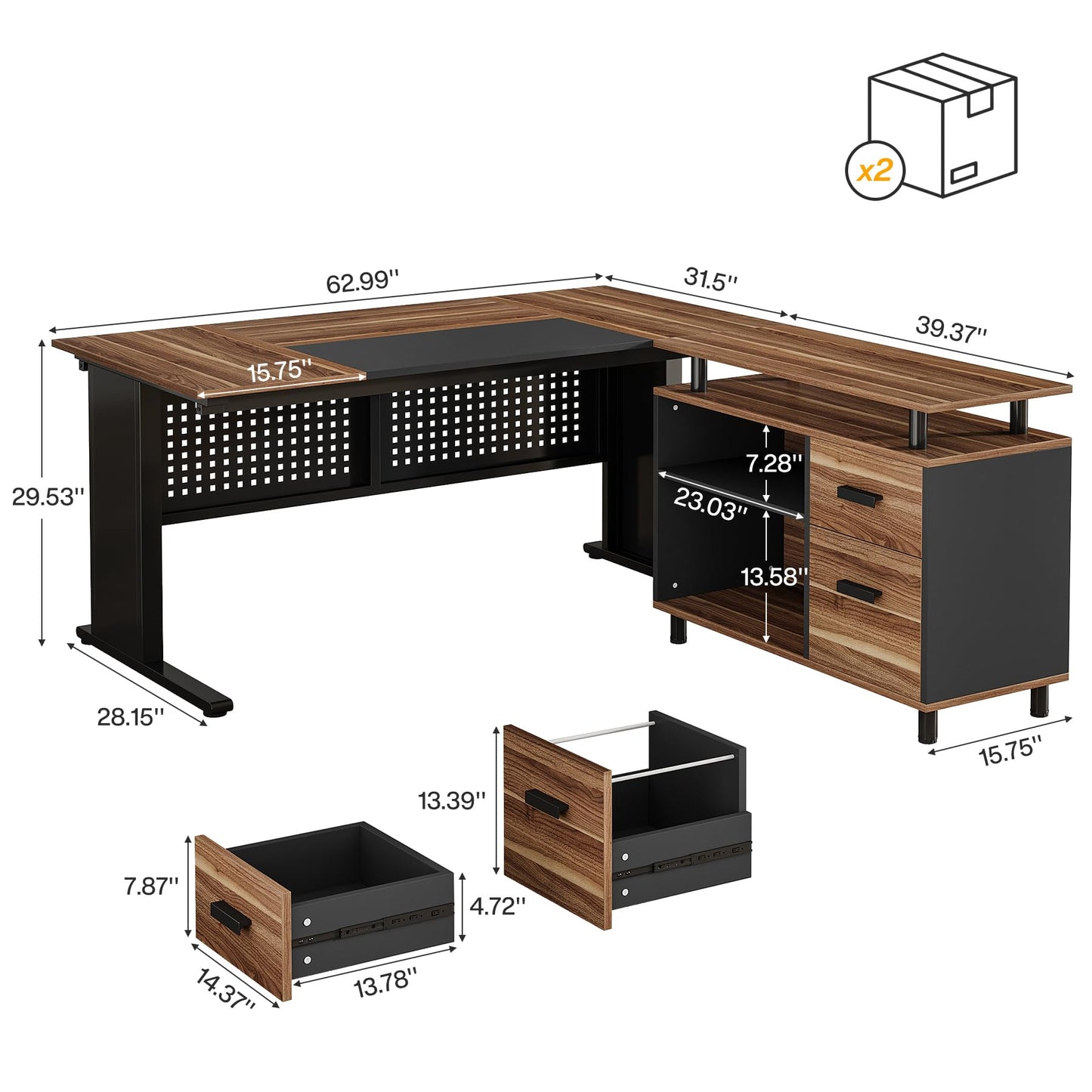 Tribesigns 63-Inch L-Shaped Executive Desk with Storage Shelves, Large Office Computer Desk with Drawers and File Cabinet, Industrial Business Workstation for Home Office, Brown and Black
