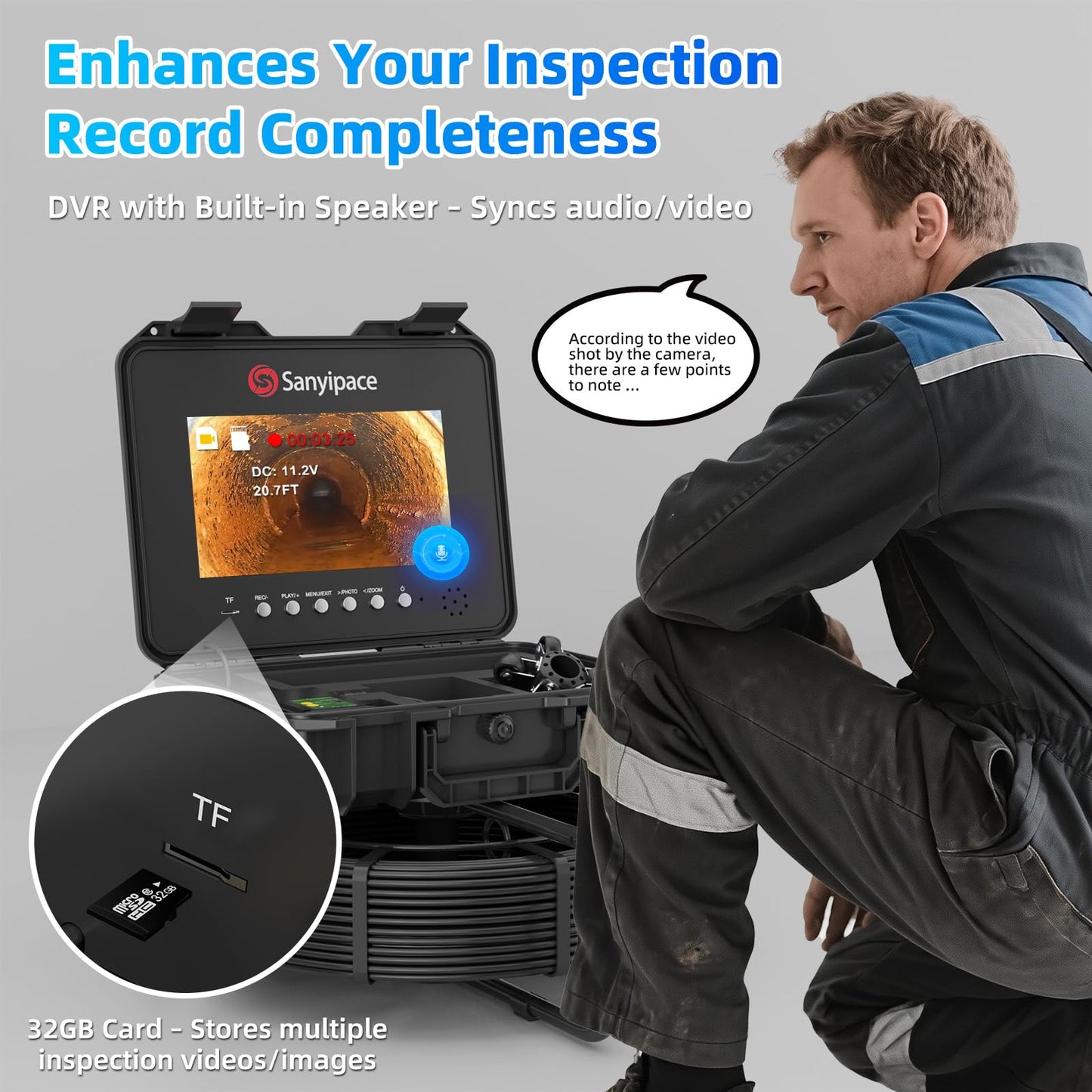 Sanyipace Sewer Inspection Camera, 328FT/100M Drain Camera with Locator, 7MM Stiffer Cable, Self-Leveling, 512Hz Transmitter, 10.1" Screen Pipe Camera, 32GB Card, Distance Counter