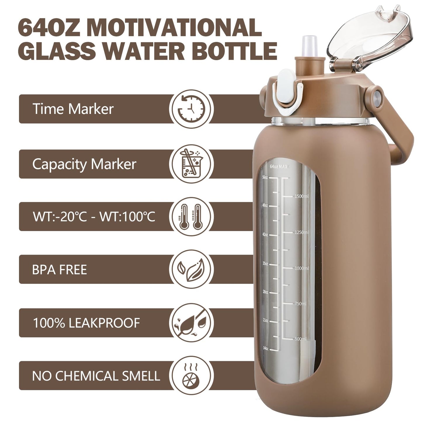 kytffu 64oz Glass Water Bottles with Straw, Half Gallon Motivational Glass Bottle with Silicone Sleeve and Time Marker, 2L Leakproof Large Glass Water Jug for Gym Home Office,Amber