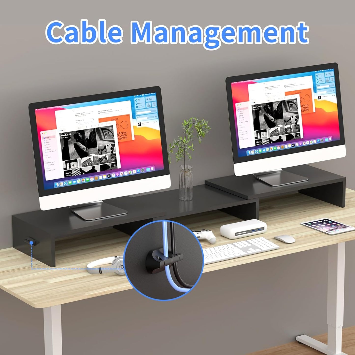 2 48.2" 44 lbs Pholiten Dual Monitor Stand Riser for MonitorsDesktop Monitor Stand with Adjustable Length and Swivel
