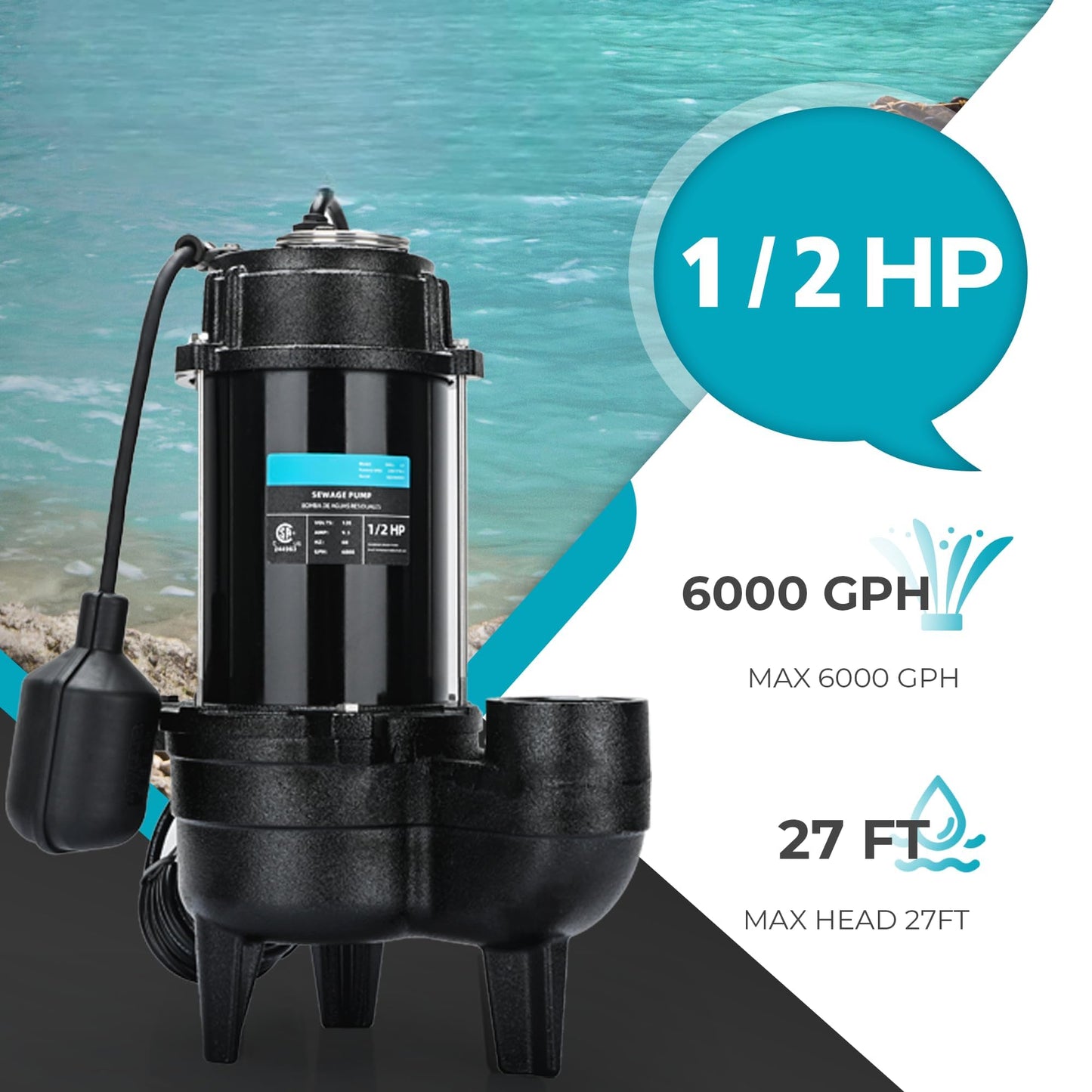 LEO 1/2 HP Sewage/Effluent Pump, 6000 GPH Submersible Basement Sewer Pump with 10ft Auto Float Switch, Cast Iron Sump Ejector, 2'' NPT for Sewage Basin, 115V