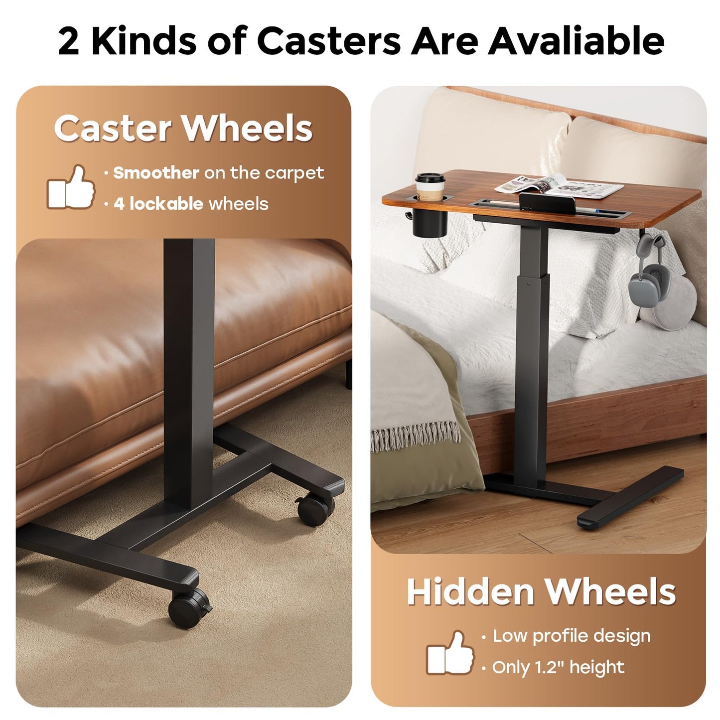 JYLH JOYSEEKER Mobile Standing Desk with Drawer, 28" Rolling Desk with Cup Holder and Hooks, Portable Laptop Workstation on Wheels, Height Adjustable Cart with Storage for Home Office, Dark Wood
