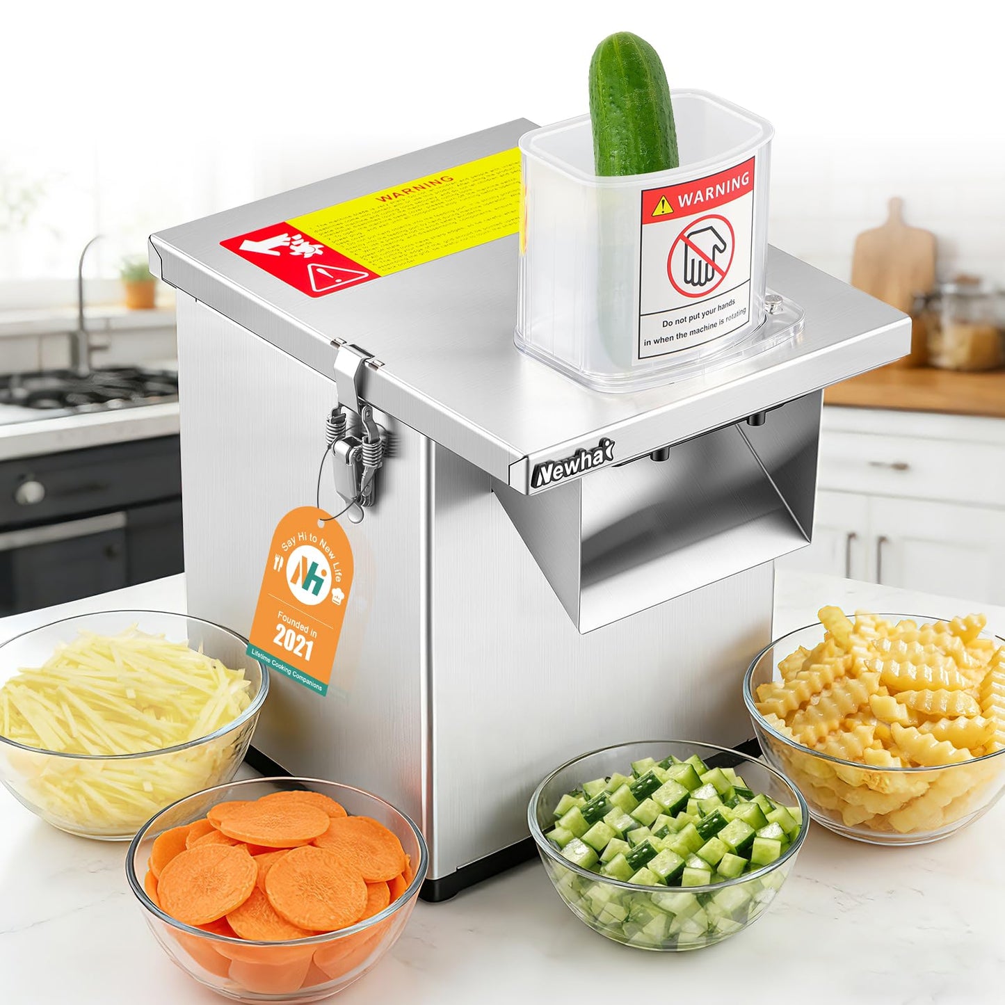 Newhai 4 in 1 Commercial Vegetable Processor Multifunctional Automatic Vegetable Slicer Dicer & Shredder Wavy Potato Cutter Machine 330lb/h Stainless Steel Vegetable Fruit Cutter 200W 110volt