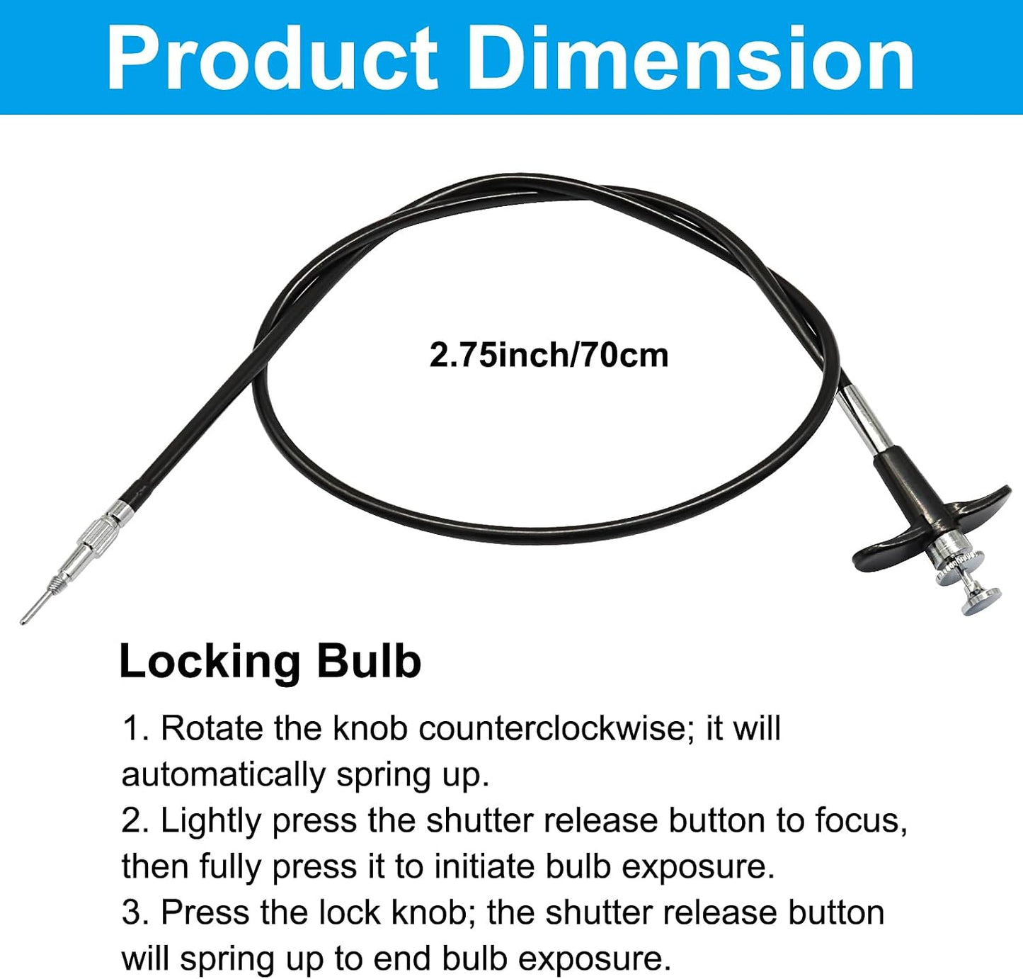 BokWin 27.5 Inch(70cm) Bulb-Lock Threaded Release Cable Mechanical Shutter Line Vibration-Free Black Camera Remote