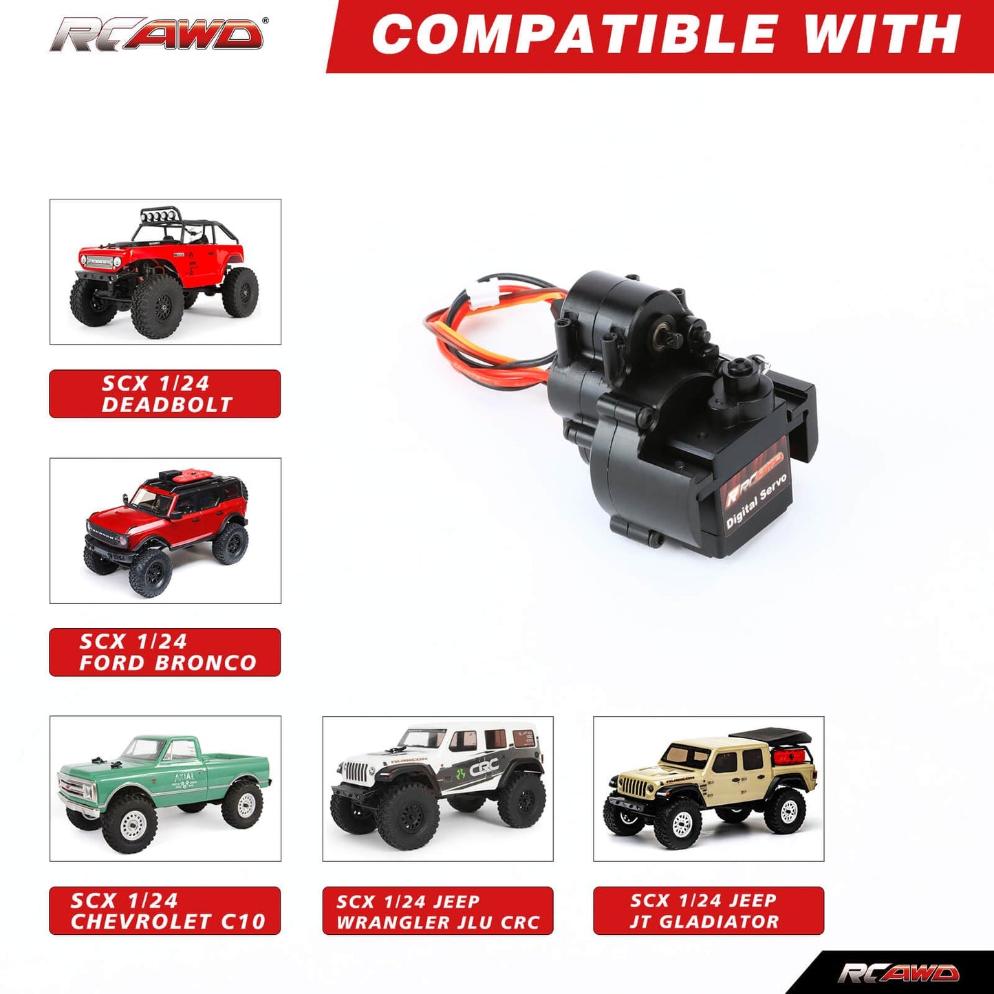 RCAWD SCX24 2 Speed Shifted 72T 130 RC Motor & 10% Torq Upgrade Gearbox Center Transmission Gear Set & Shock Tower Mounts & Slide Pedals for Bronco C10 Deadbolt JLU Gladiator Dodge Power Wagon Black