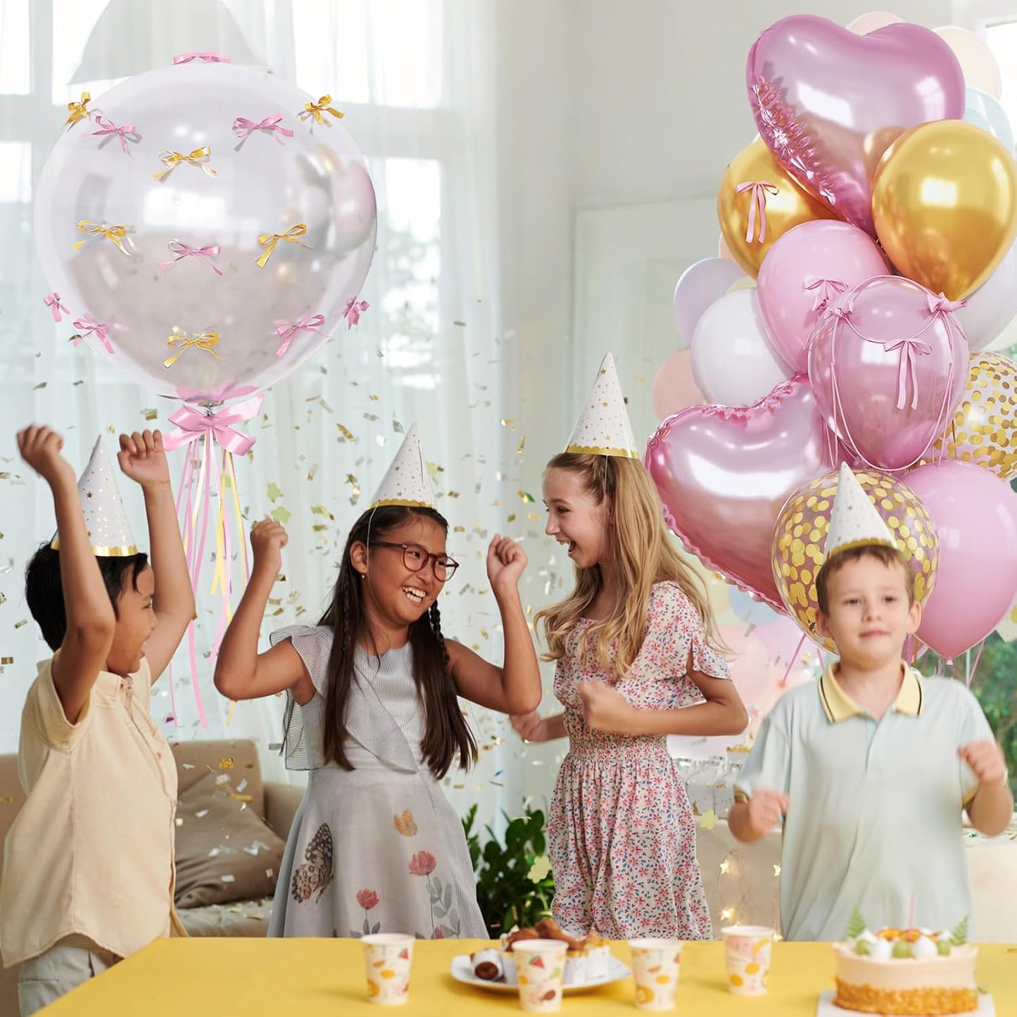 Skiennix Heart Shape Balloons - Light Pink & Gold Metallic Confetti | 18" Clear Mylar for Birthday Decor