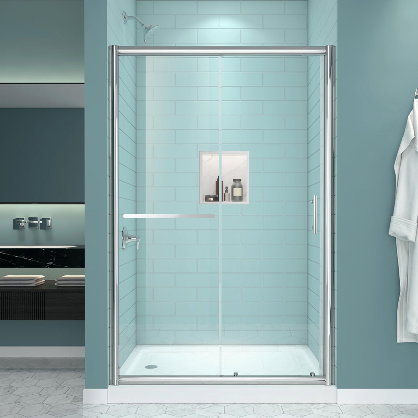FELYL Sliding Shower Door 43-48" W x 72" H, Chrome Finish, Single Sliding Door, Clear Glass, Framed, 1/4" (6mm) SGCC Tempered Glass, Reversible Installation