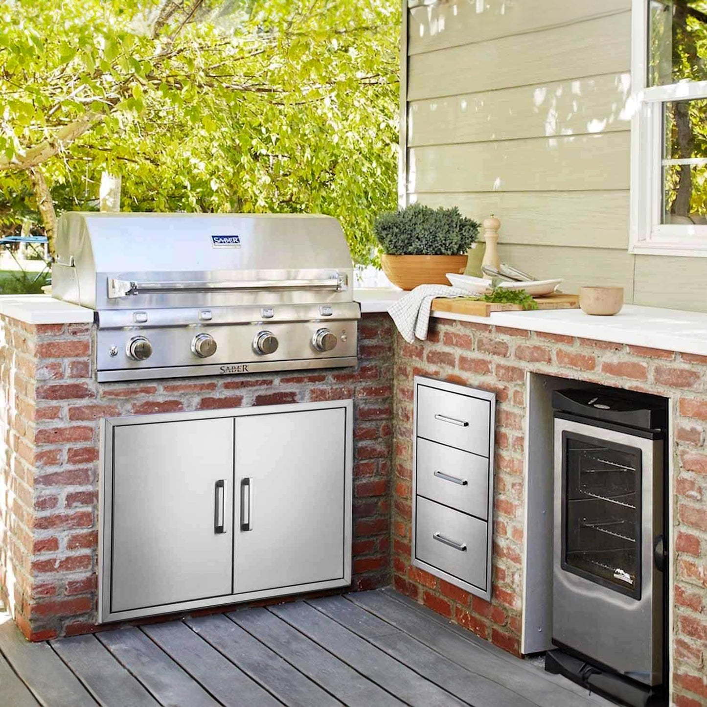 ZHAIUPON Outdoor Kitchen Drawers, 20" W27"H23"D Stainless Steel Triple BBQ Drawers, Grilling Access Drawer with Chrome Handle Enclosed Built-in Flush Mount for Outdoor Kitchen,BBQ Island
