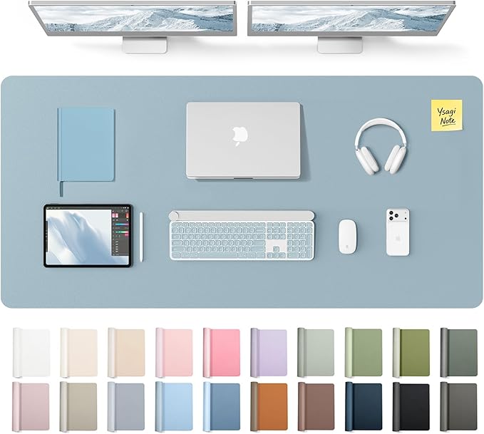 YSAGi Leather Desk Pad Protector, Office Desk Mat, Large Mouse Pad, Non-Slip PU Leather Desk Blotter, Laptop Desk Pad, Waterproof Desk Writing Pad for Office and Home (Ice Blue,55" x 24")