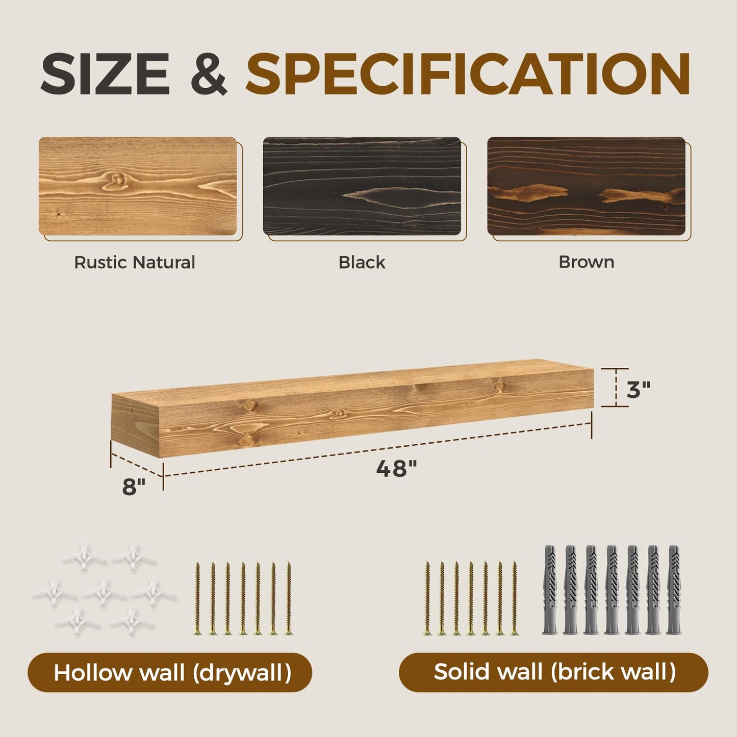 YLYHSST Fireplace Mantel Handmade, 3'' Thick Wall Decor Long Floating Shelf, 48inch Rustic Wood Shelf with Invisible Brackets, Wood Color