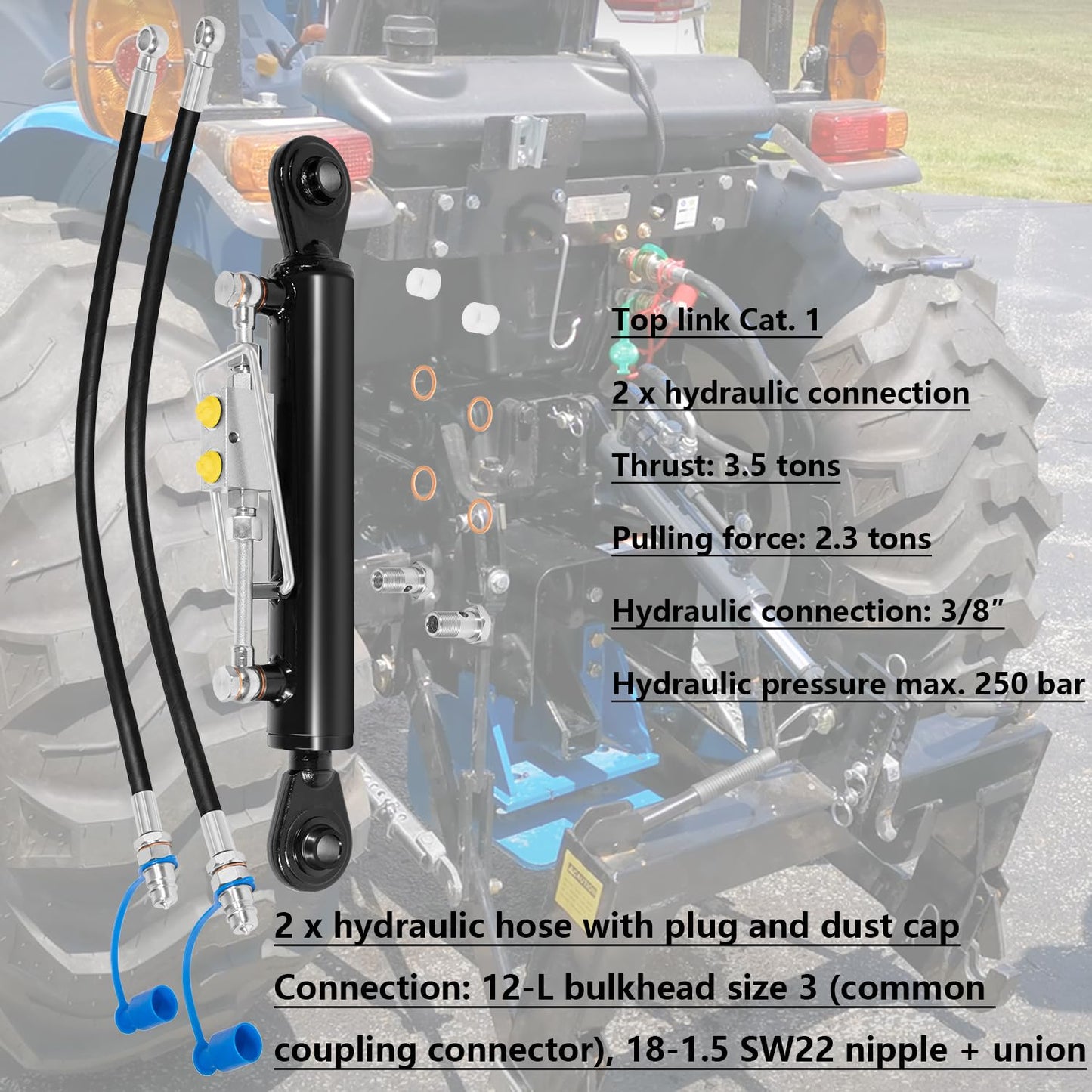 Hydraulic Top Link Cat. 1-1 18 1/8” – 26 3/8” with Locking Block and 2 x Hoses，SPH320032 for Tractor Excavators and Class 1& 2 Equipment