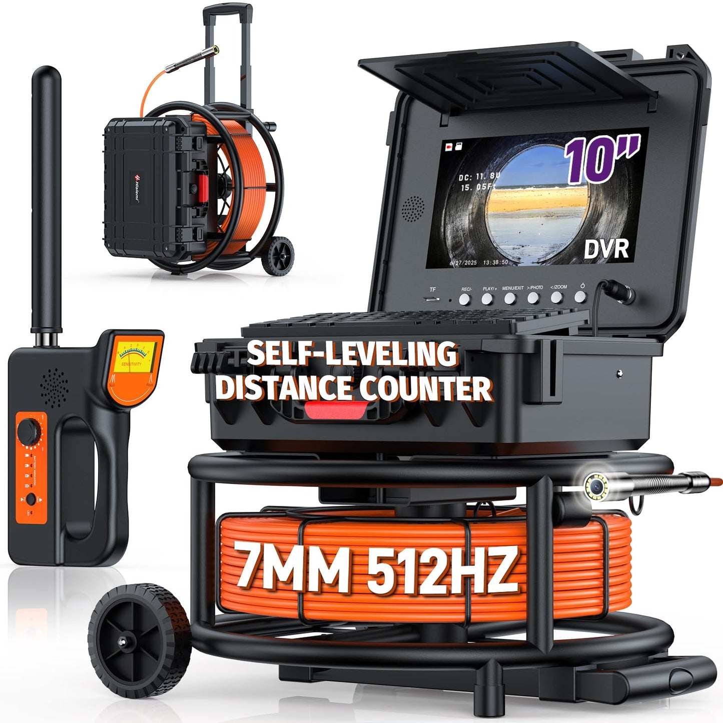 Hialemi 10" Sewer Camera with Locator & Wheels, Self Leveling Plumbing Camera & Distance Counter & 5X Zoom - 145° Pipe Inspection Camera with Lights, 1080P IPS Screen & DVR 32GB(7MM-200Ft/60M)