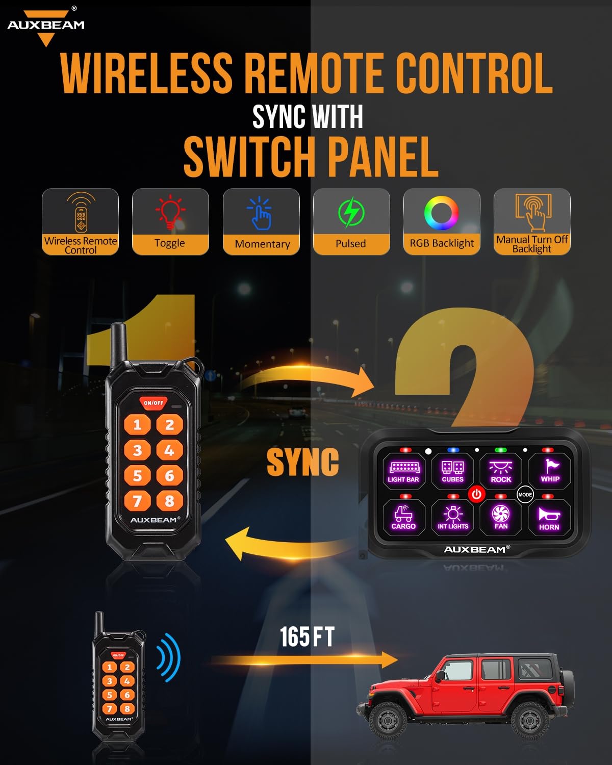 Auxbeam 8 Gang Switch Panel RC-800 RGB Wireless Remote Control Range Up to 165FT Multifunction Switch Pod 3 lighting modes with Backlit Off and Auto Dimmable for RV Offroad Waterproof 3 Years Warranty
