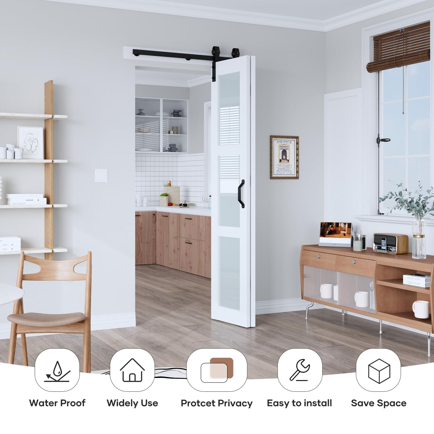 EaseLife 36"x 84" (Double 18" x 84") Bifold Barn Door, Bifold Sliding Barn Door with Hardware Kit, Solid MDF Wood Slab Covered with Water-Proof PVC Surface, Frosted Glass Panel, Assembly Required