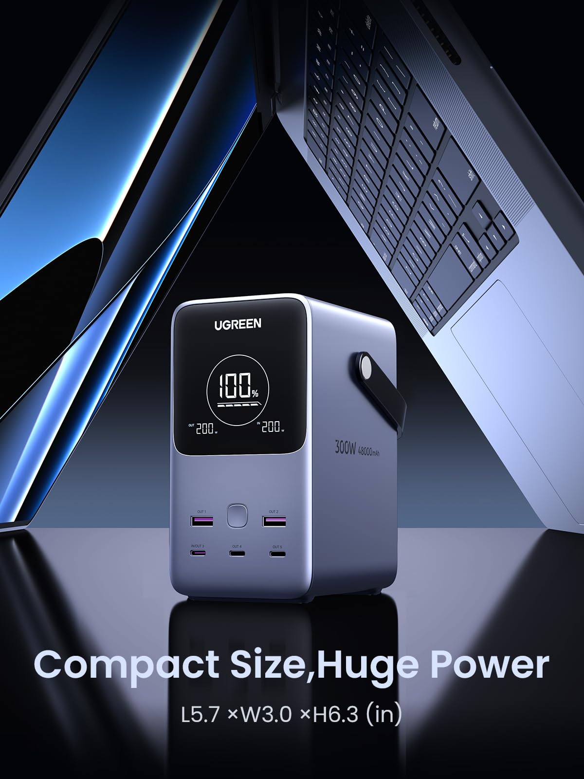 UGREEN 300W 48,000mAh Portable Charger Power Bank with Smart Digital Display, Lighting and SOS Mode, 153Wh 5 Ports USB C Battery Pack for Outdoor Camping and Home Backup for Laptop and More