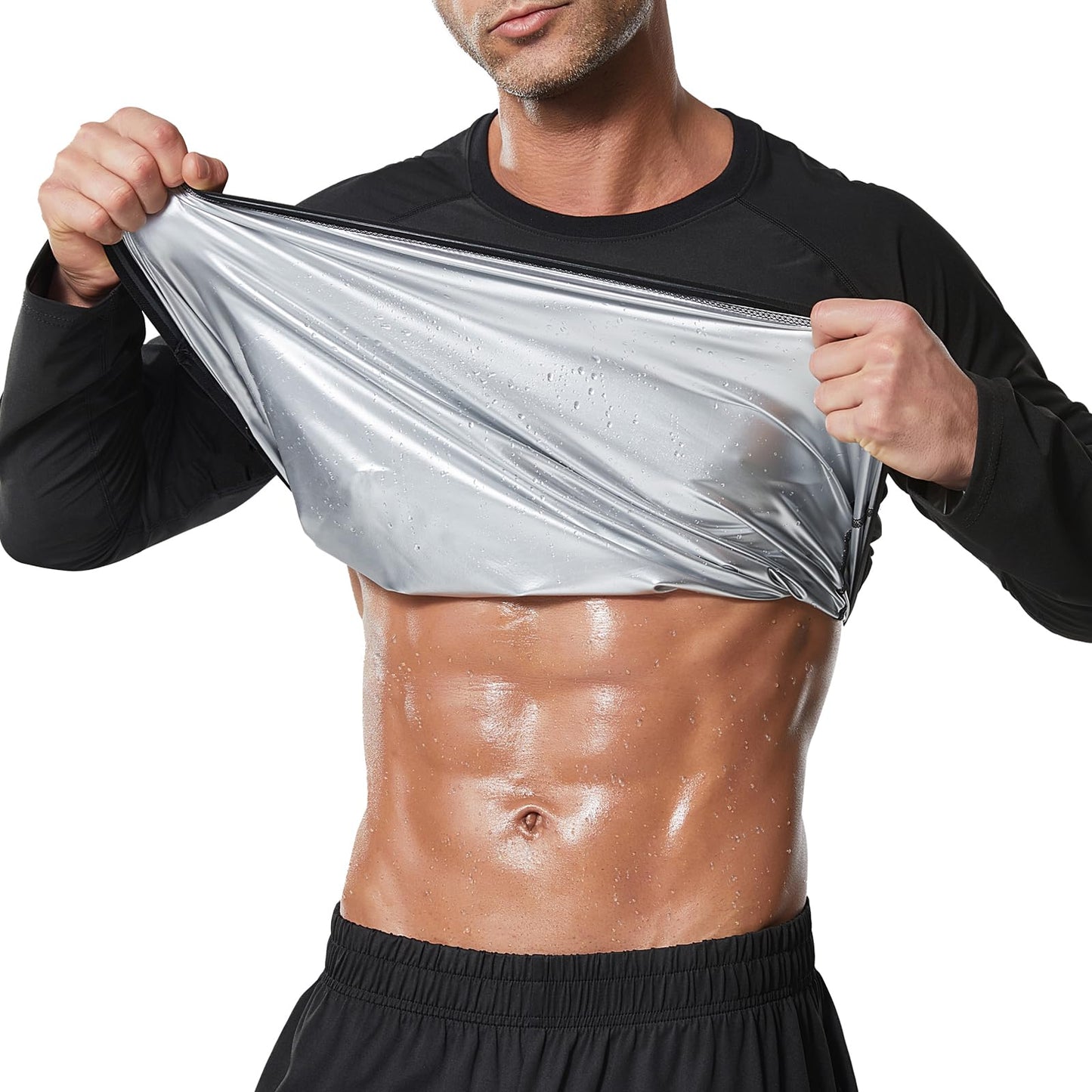 Towintec Sauna Suit for Men Long Sleeve Heat Trapping Sweat Shirt Weight Loss Body Shaper Vest Hot Workout Gym Gear Compression Shirts for MMA Training Sports Athletic Body Smoothing Tops（Silver,M）