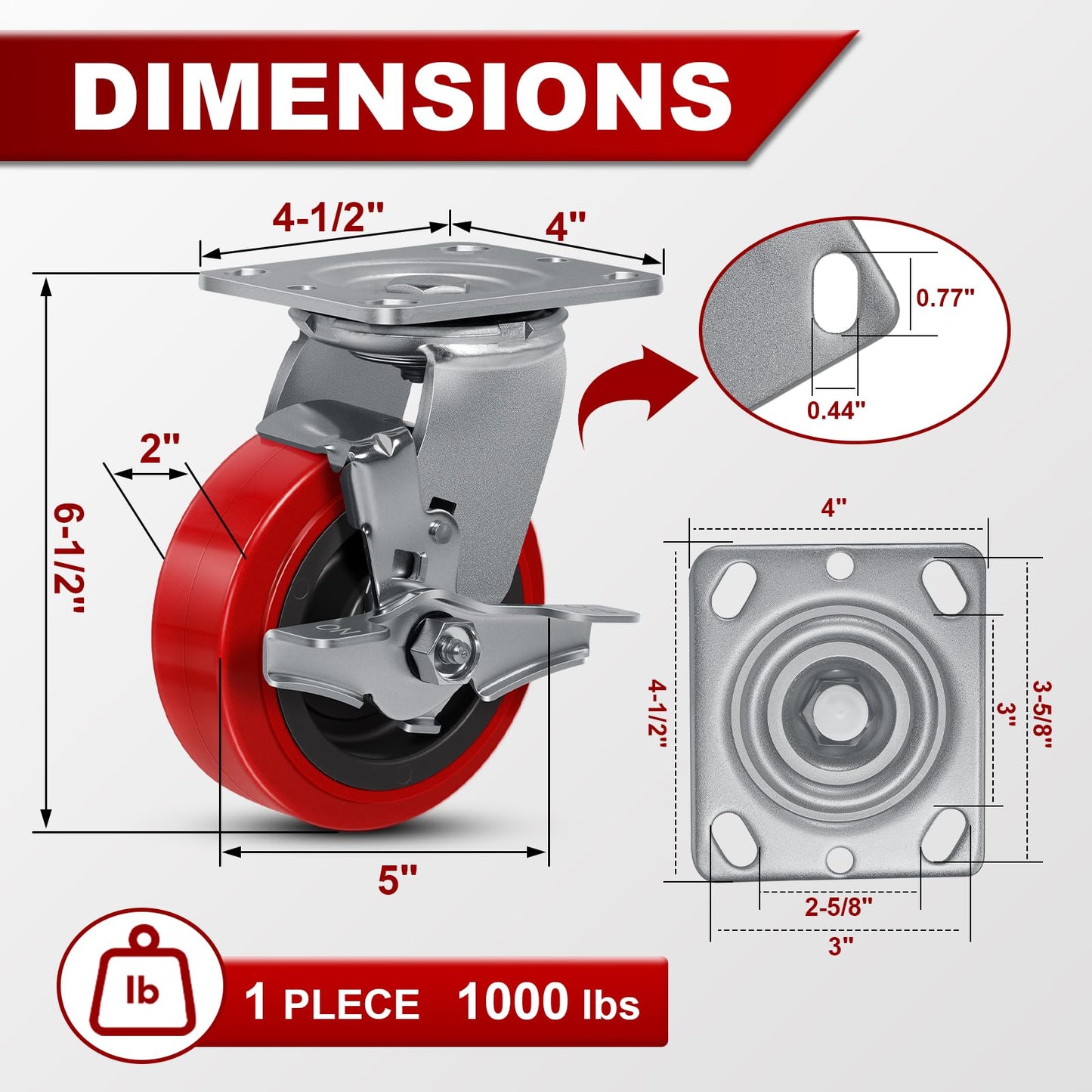 5 Inch Caster Wheels, Polyurethane on Polyolefin Core Wheel- Capacity up to 1000 Lbs Per, Use for Platform Truck, Industrial Equipment (1 Brake)