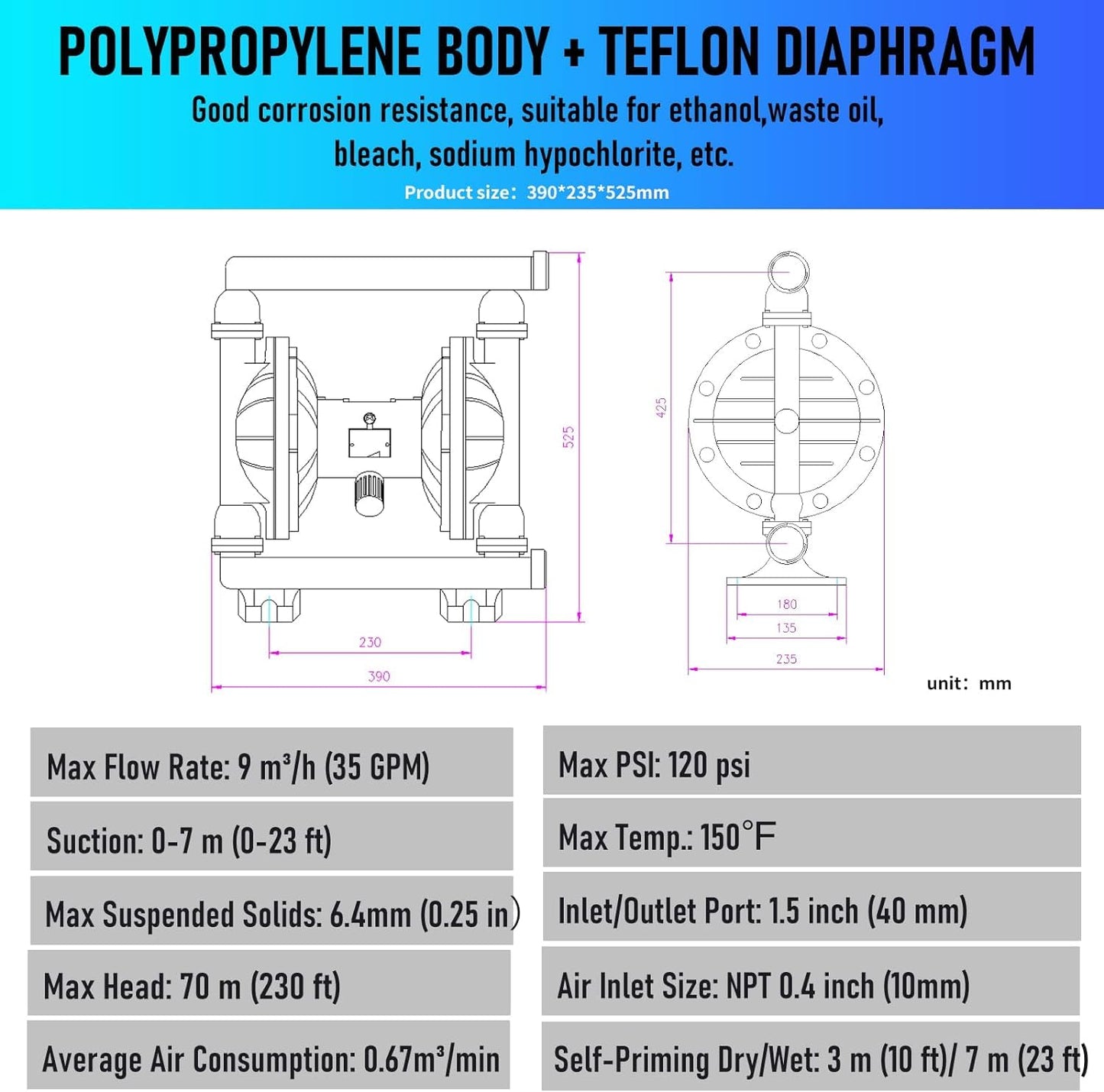 Pneumatic double diaphragm pump, 1-1/2 inch inlet and outlet DN40, polypropylene body, 35GPM and Max 120pSI, chemical pump bleaching oil transfer