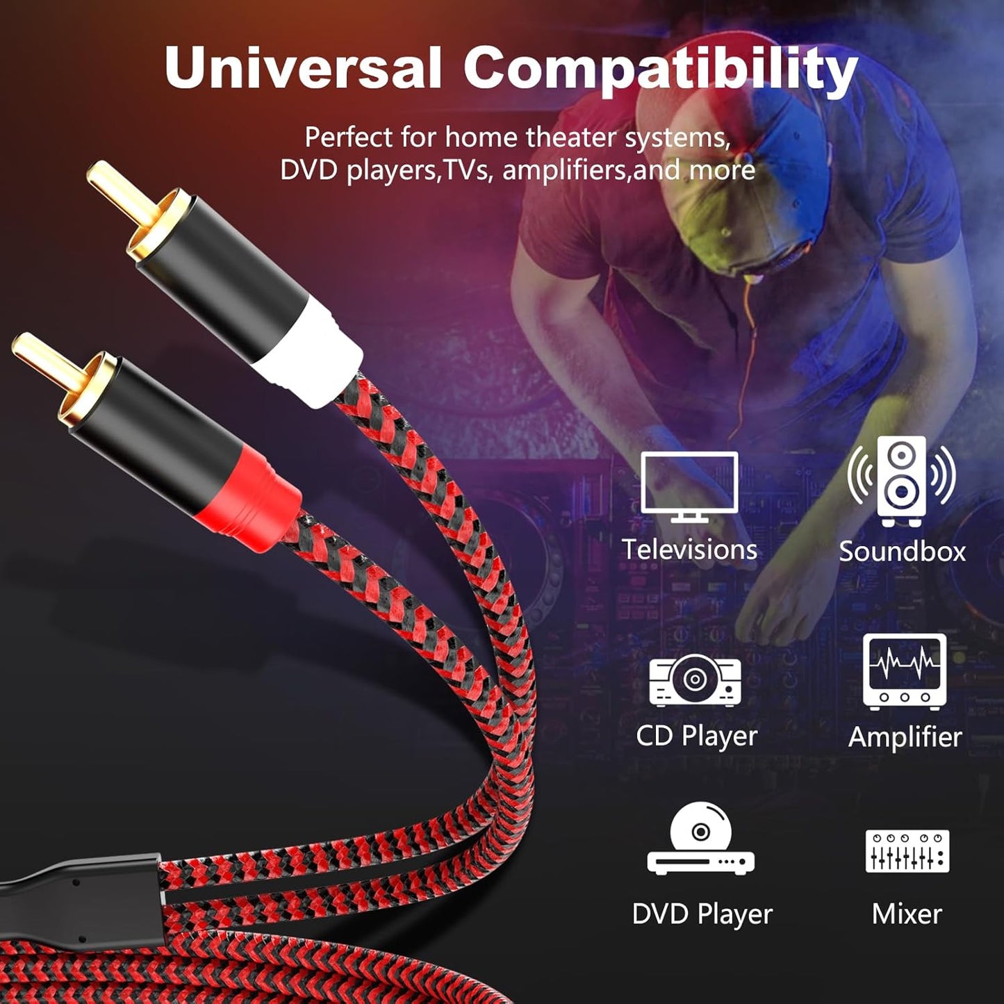 Jelly Tang 10Ft,2Rca 2-RCA etc(10Ft/3M) RCA Cable Male to Male Audio Stereo Subwoofer Cable [Hi-Fi Sound] Nylon-Braided