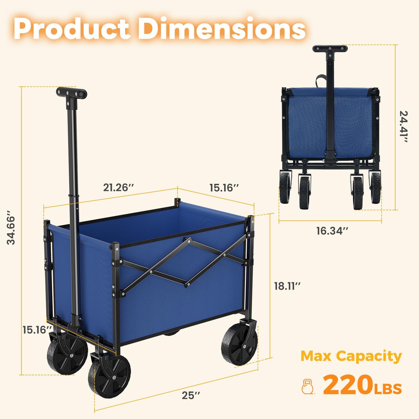 NEWBULIG Collapsible Wagon with All-Terrain Wheels, 220 LBS Folding Utility Cart, Lightweight & Heavy Duty Portable Wagon for Groceries, Beach, Camping & Garden, Blue