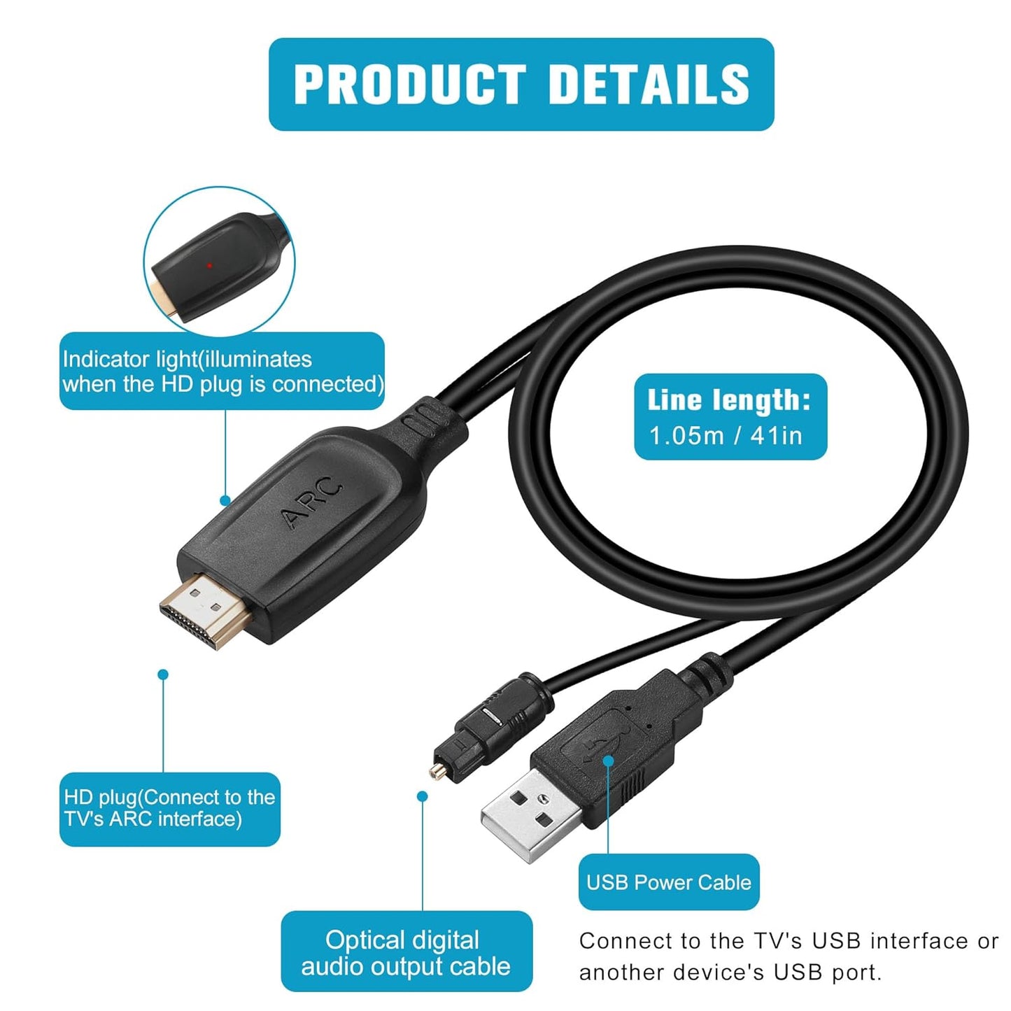 192KHz 3.4ft/1.05m Dolby/DTS 5.1 HDMI ARC to Optical Audio Converter for TV to Soundbar, Plug & Play ARC to Optical