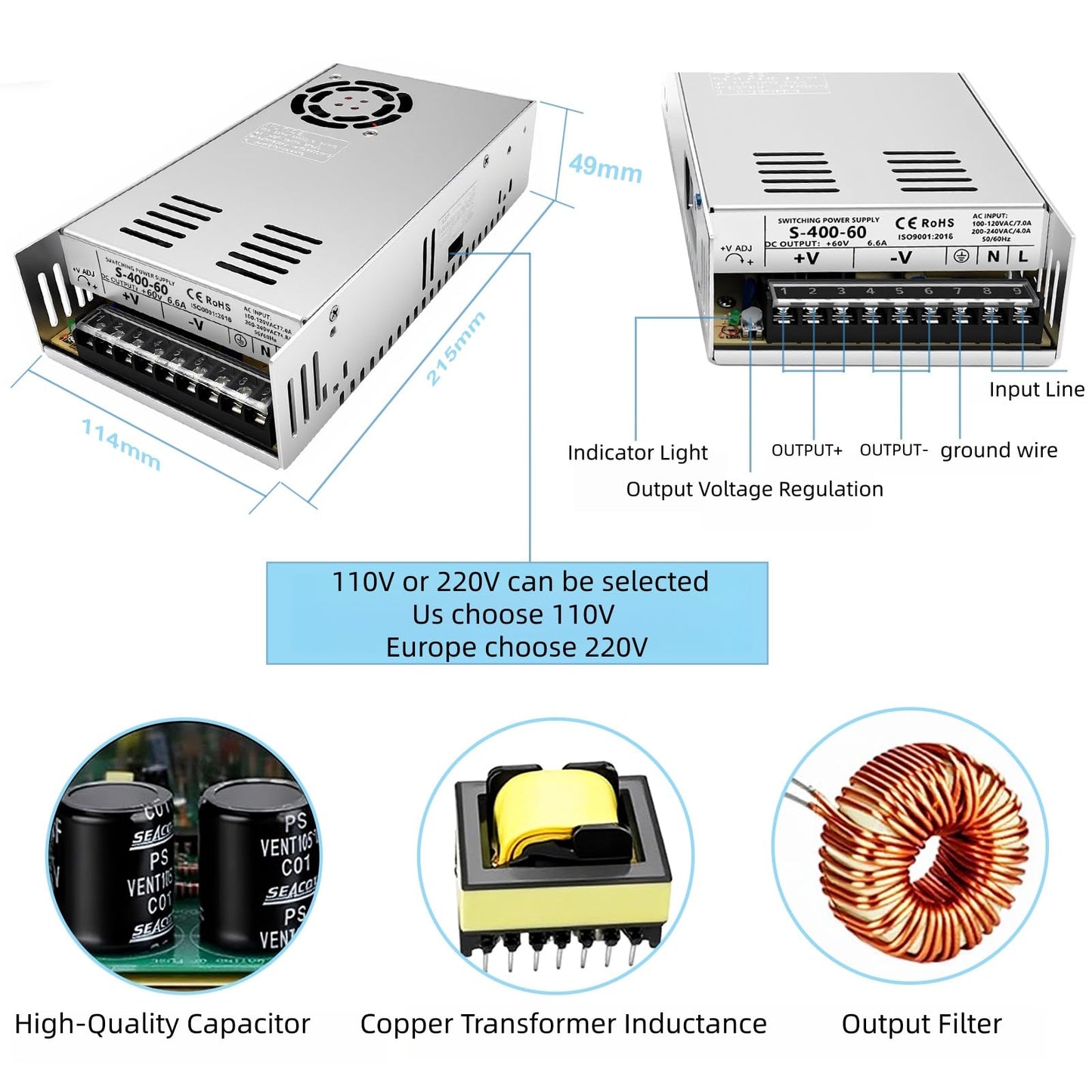 3 Axis CNC Controller Kit Nema34 86mm Closed Loop Stepper Motor Kit 8.5Nm DSP Easy Servo & Steping Driver & 400W 60V DC Power Supply, for 3D Printer Engraving Milling Machine
