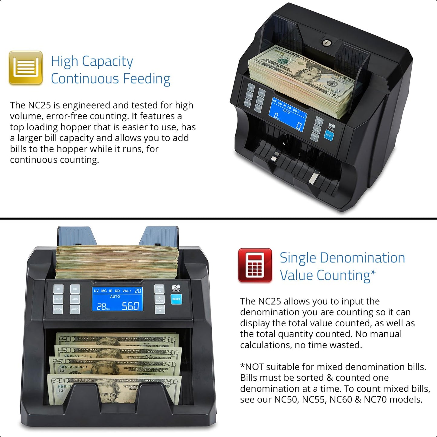ZZap Bill Value Counter & Counterfeit Detector - Money Cash Currency Machine (NC25)