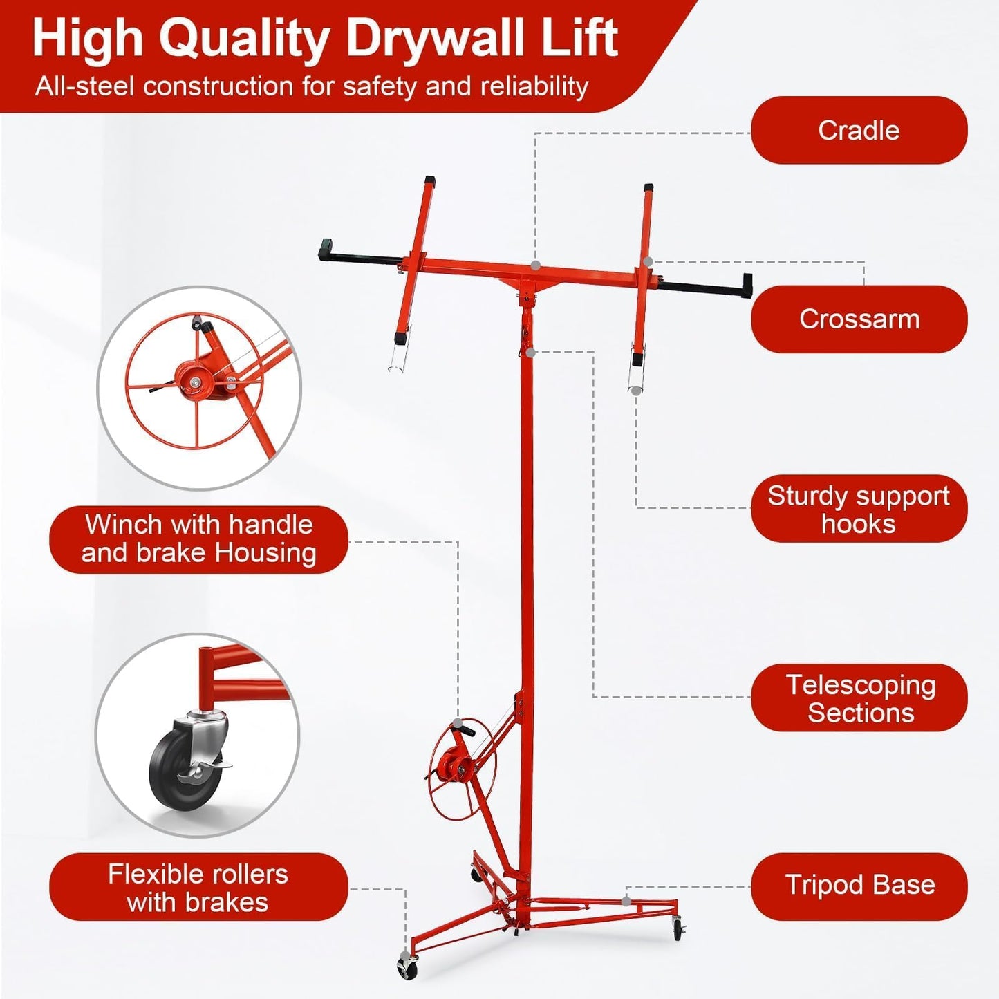 ELOMBR 16FT Drywall Lift Sheetrock Lift, 150LBS Capacity, Drywall Lift Panel Hoist with Telescopic Arm, Drywall Jack Lift with 3 Lockable Wheels for Home Improvement Classic, 4'x16' Panel Size, Red