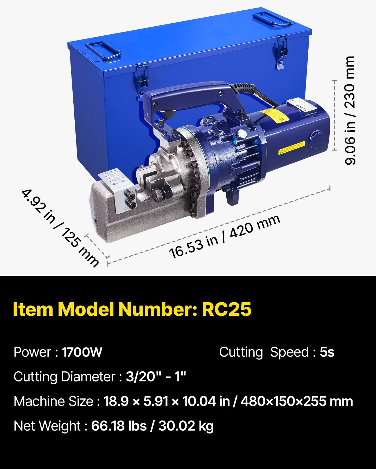 VEVOR Electric Hydraulic Rebar Cutter 1700W 110V - Portable, Cuts #8 4-25mm Rebar in 5 Seconds, with Stainless Steel Carry Case