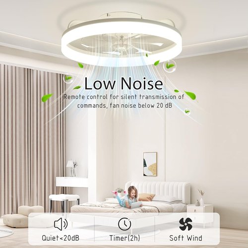 Ceiling Fans with Lights and Remote Fandelier - White 20'' Flush Mount Low Profile Modern Ceiling Fans for Bedroom - Stepless Color Temperature and 6 Speeds, White